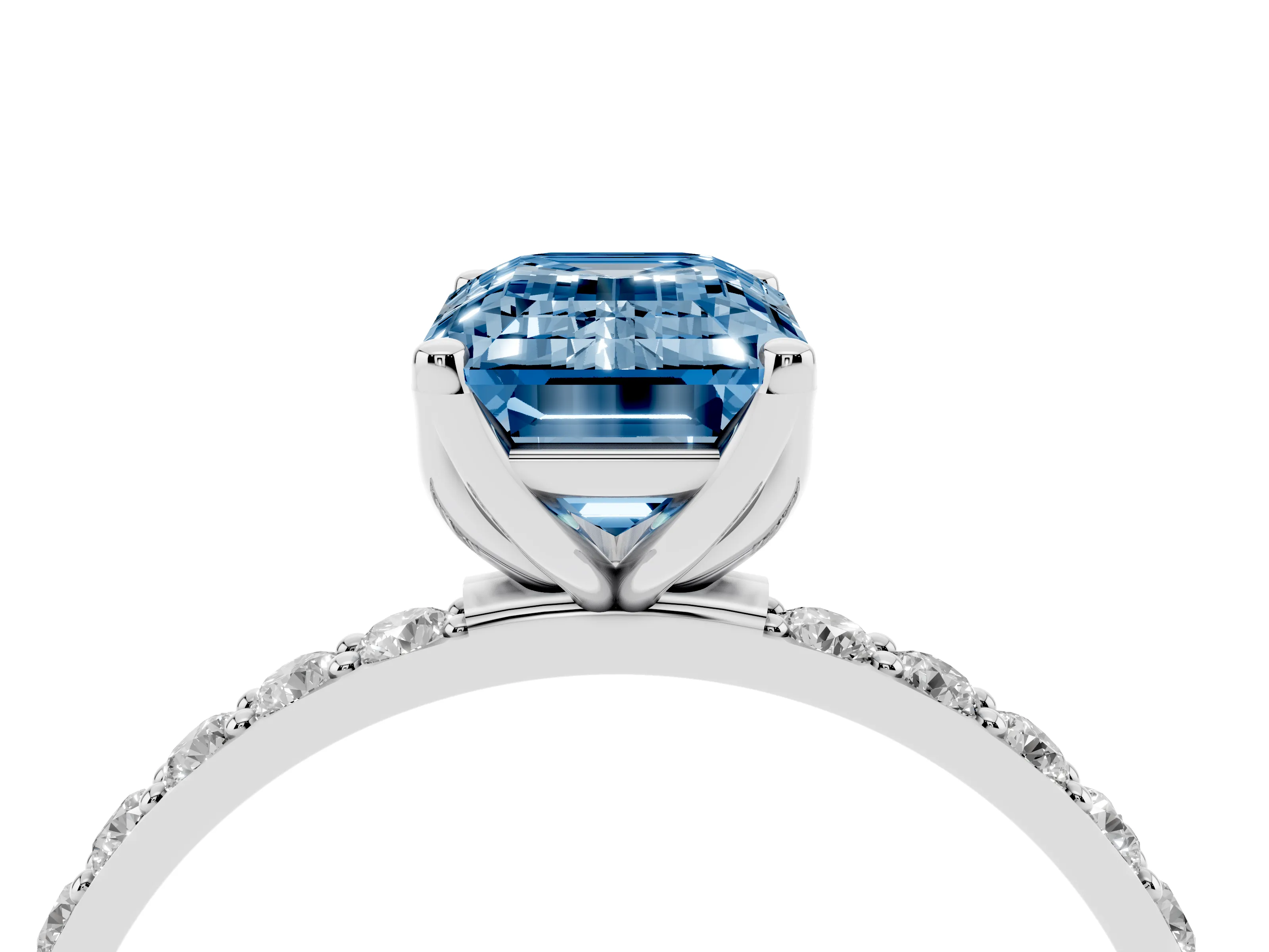 Fancy Blue Emerald Cut Diamond Solitaire Engagement Ring Set in White gold with Round Pavé Band and Prong Setting