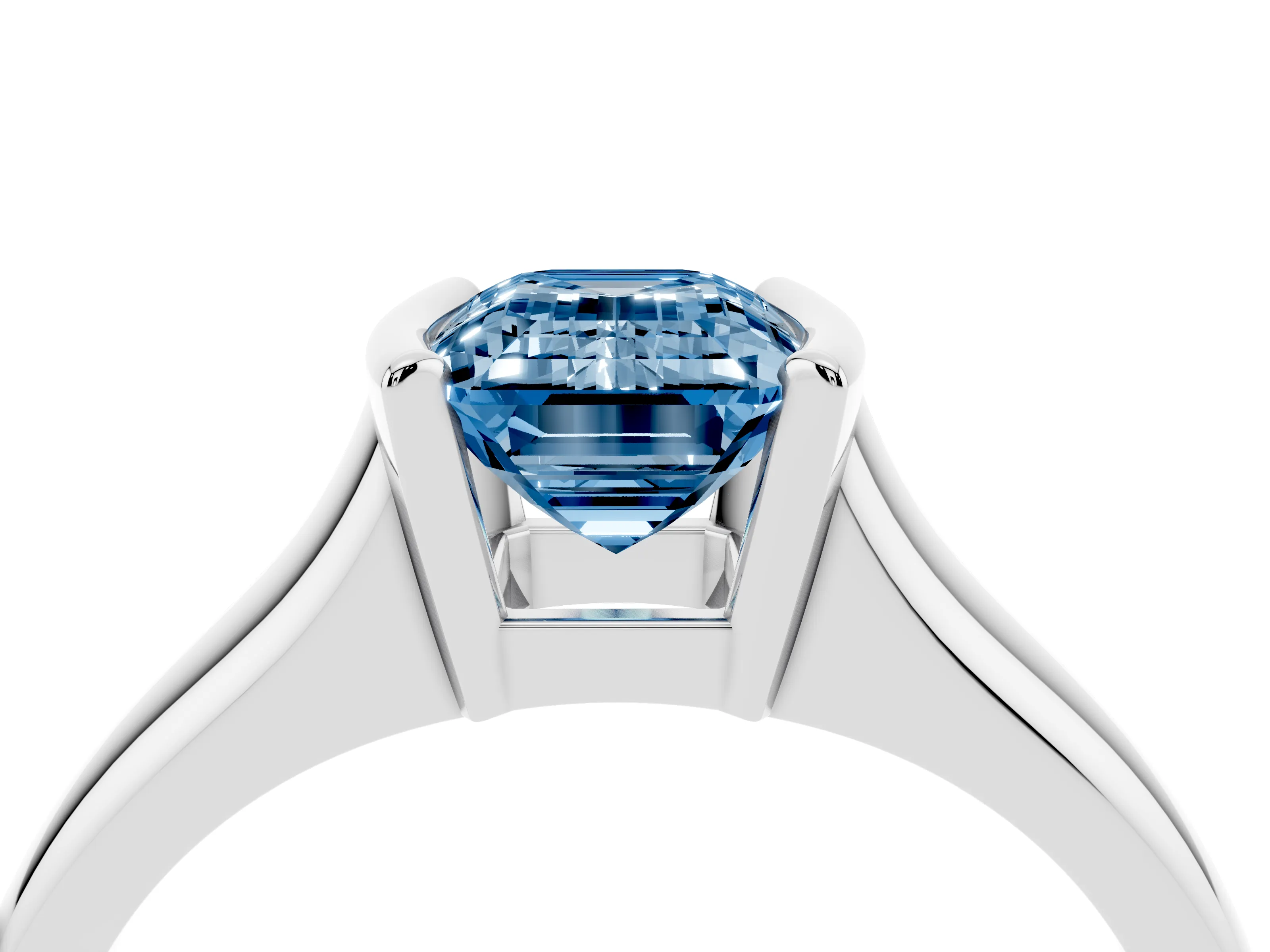 Fancy Blue Emerald Cut Diamond Solitaire Tension Set Ring Set in White gold with Split Shank Band
