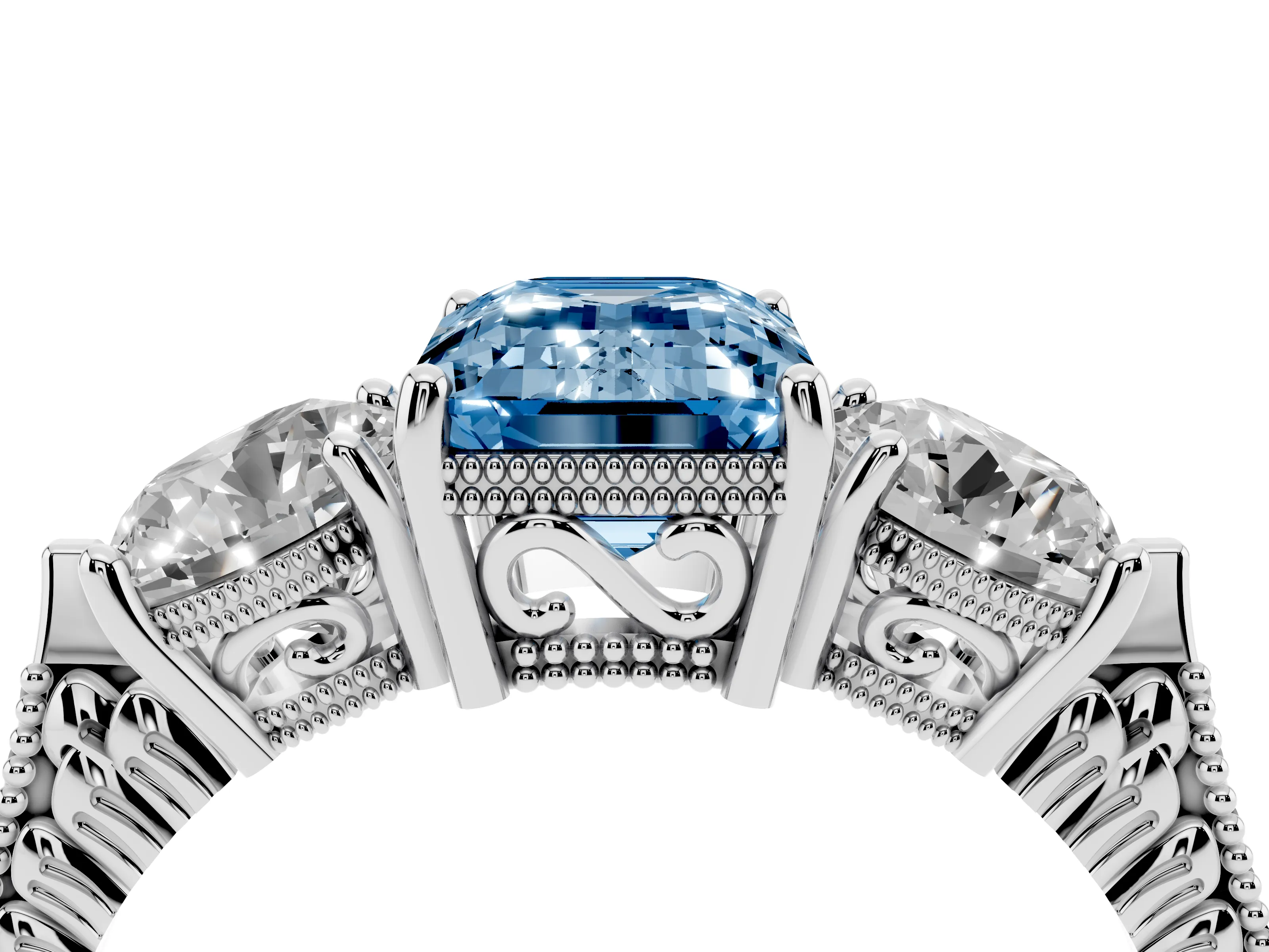 Fancy Blue Emerald Cut Diamond Three-Stone Ring Set in Silver with Milgrain Band
