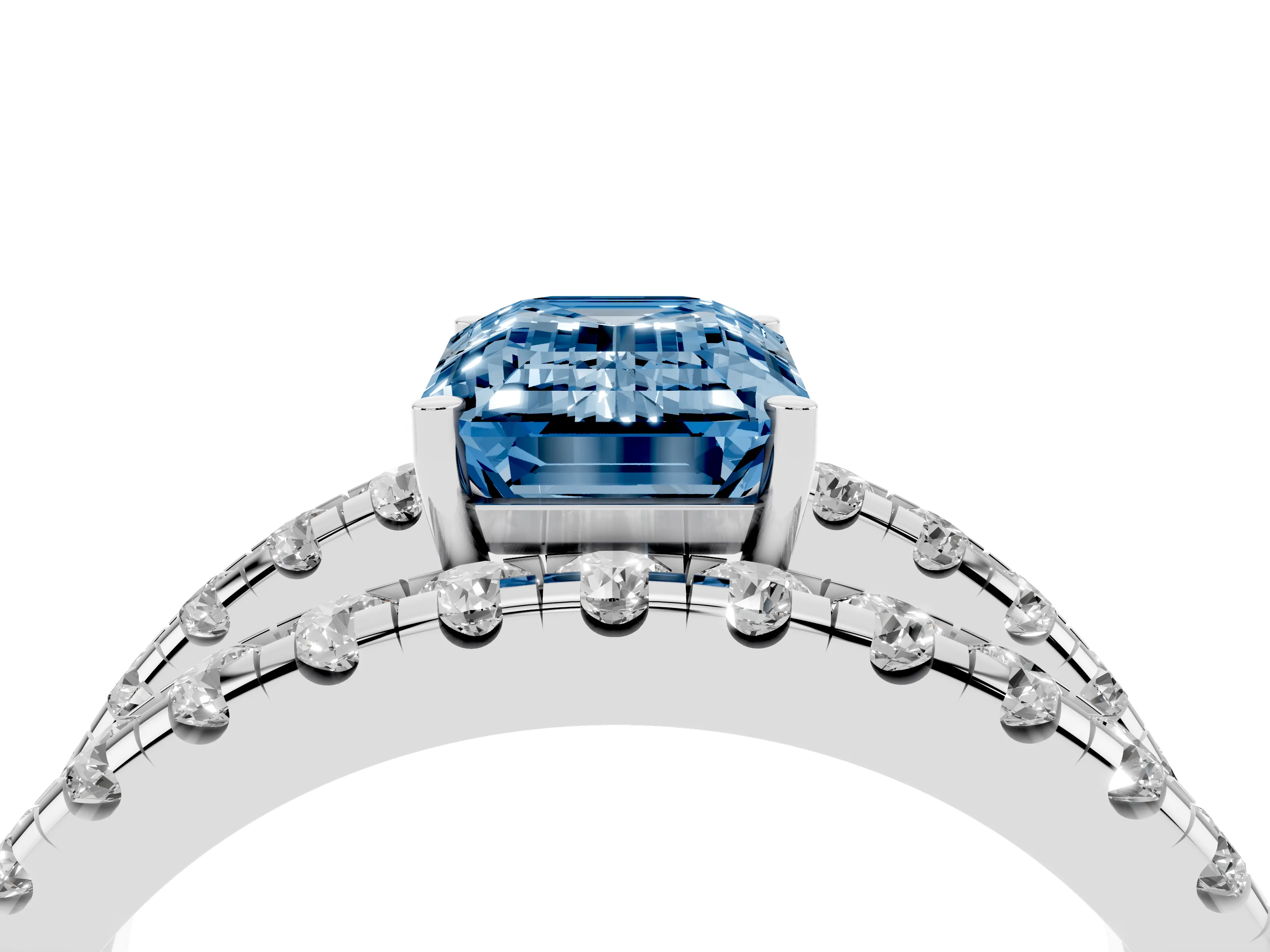 Fancy Blue Emerald Cut Diamond Split Shank Pavé Solitaire Ring Set in Silver with Open Shank Design