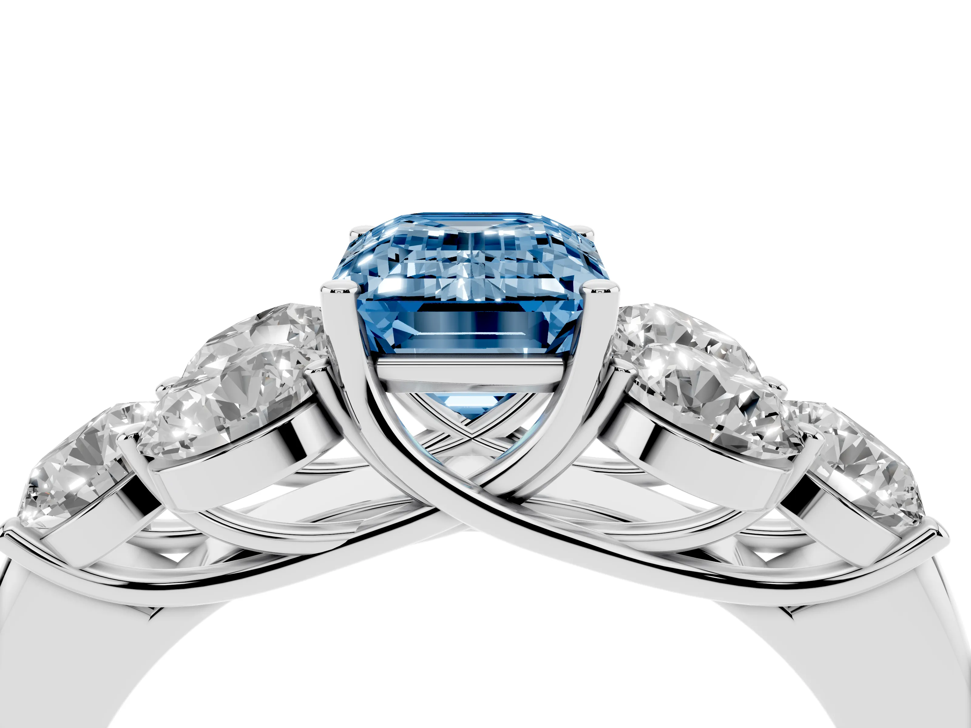 Fancy Blue Emerald Cut Diamond Cluster Ring Set in Silver with Round Accent Stones and Prong Setting on a Plain Band