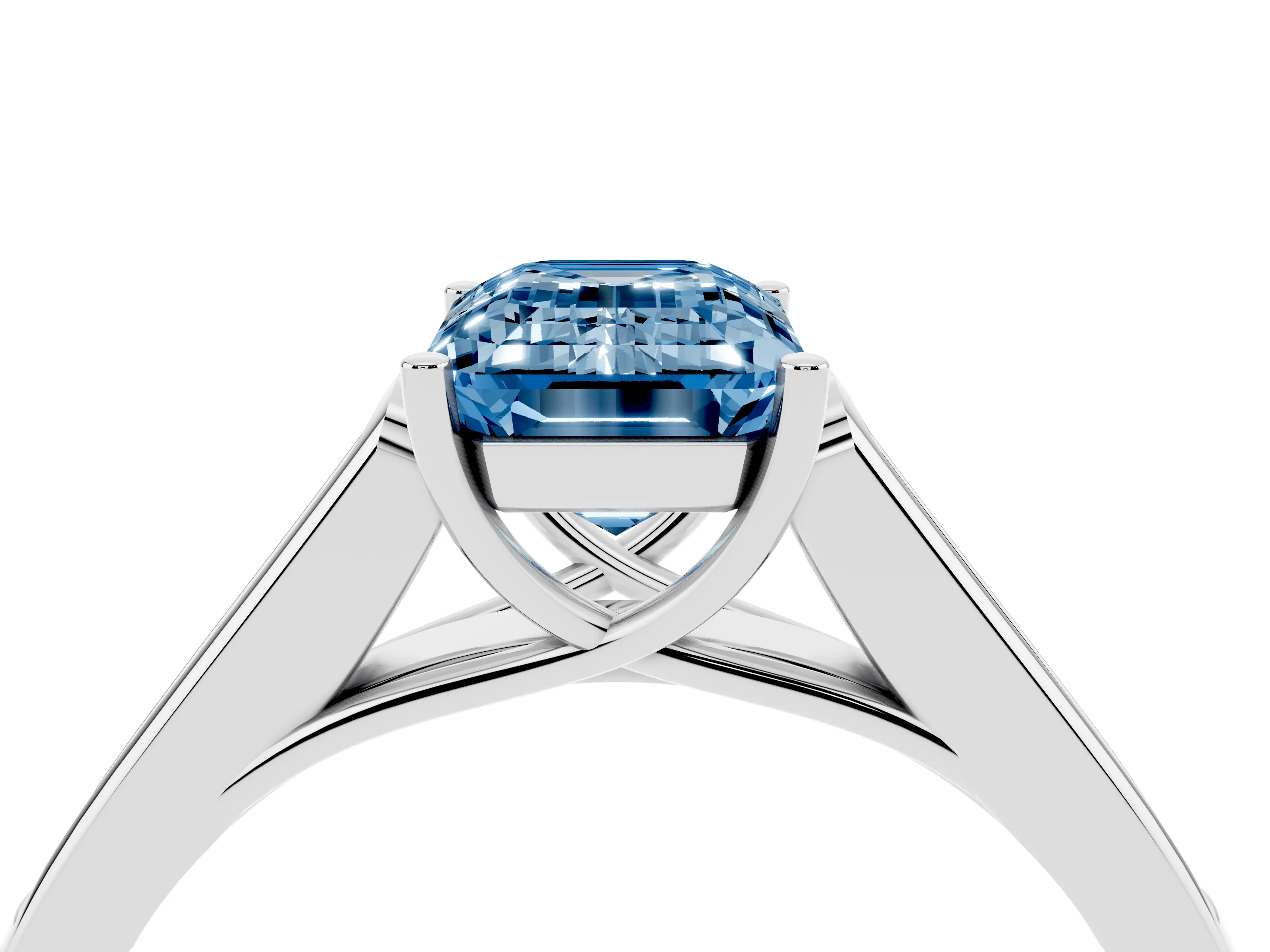 Fancy Blue Emerald Cut Diamond Solitaire Cathedral Engagement Ring Set in Platinum with Channel-Set Band and Prong Setting