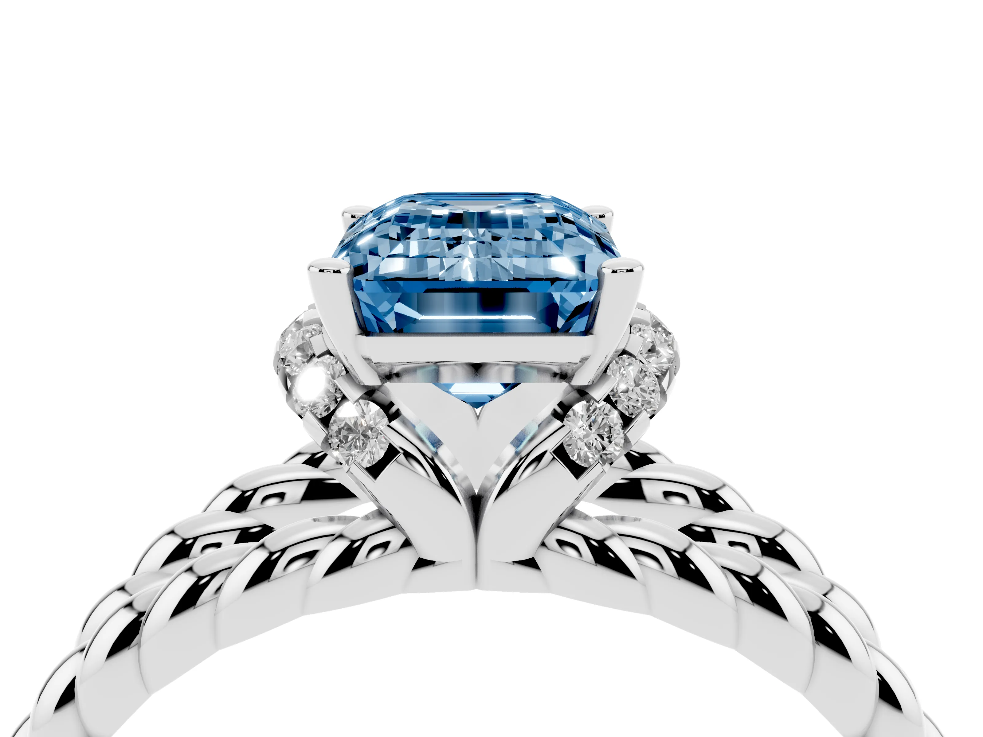 Fancy Blue Emerald Cut Diamond Halo Ring Set in Platinum with Twisted Band and Prong Setting