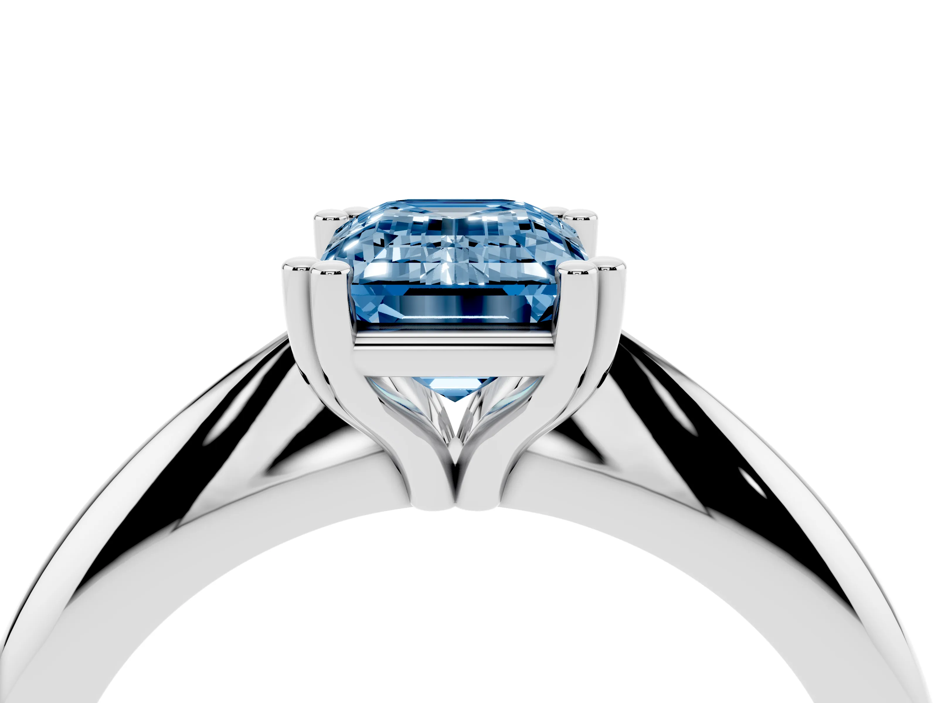 Fancy Blue Emerald Cut Diamond Solitaire Engagement Ring Set in White gold with Tapered Band and Prong Setting