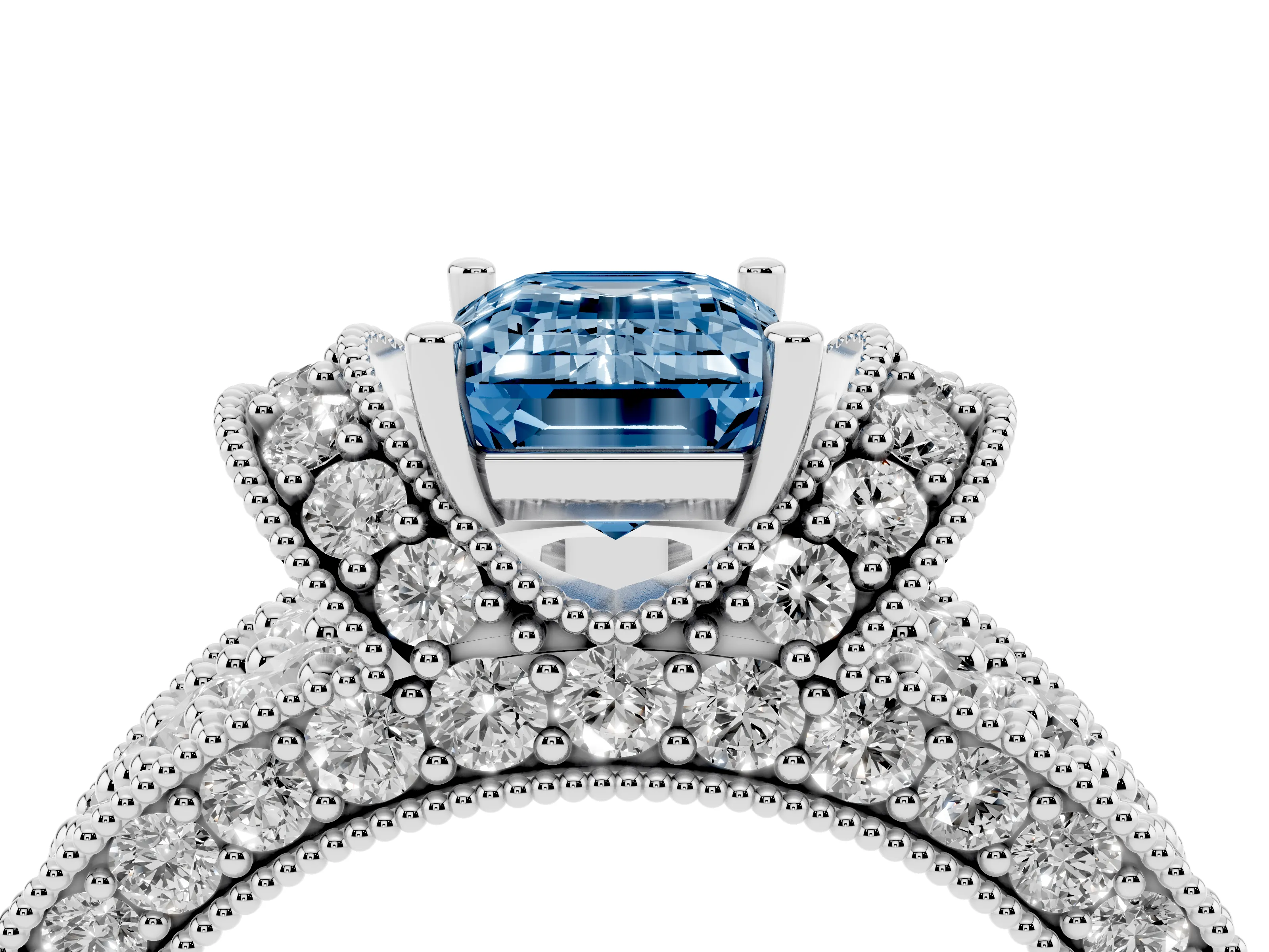 Fancy Blue Emerald Cut Diamond Milgrain Halo Pavé Engagement Ring Set in Silver with Prong Setting