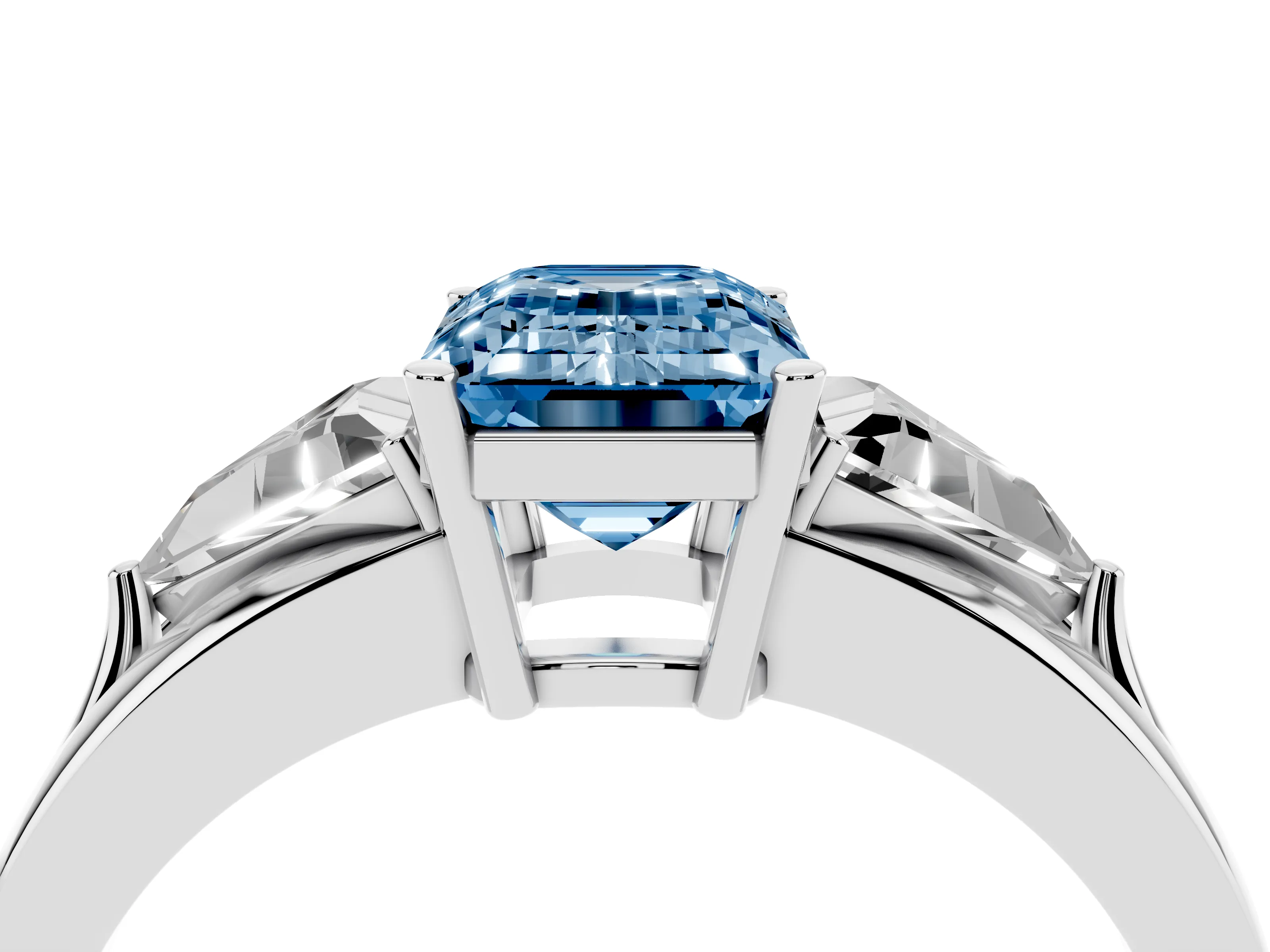 Fancy Blue Emerald Cut Diamond Three-Stone Ring Set in Silver with Trillion Side Stones and Split Shank