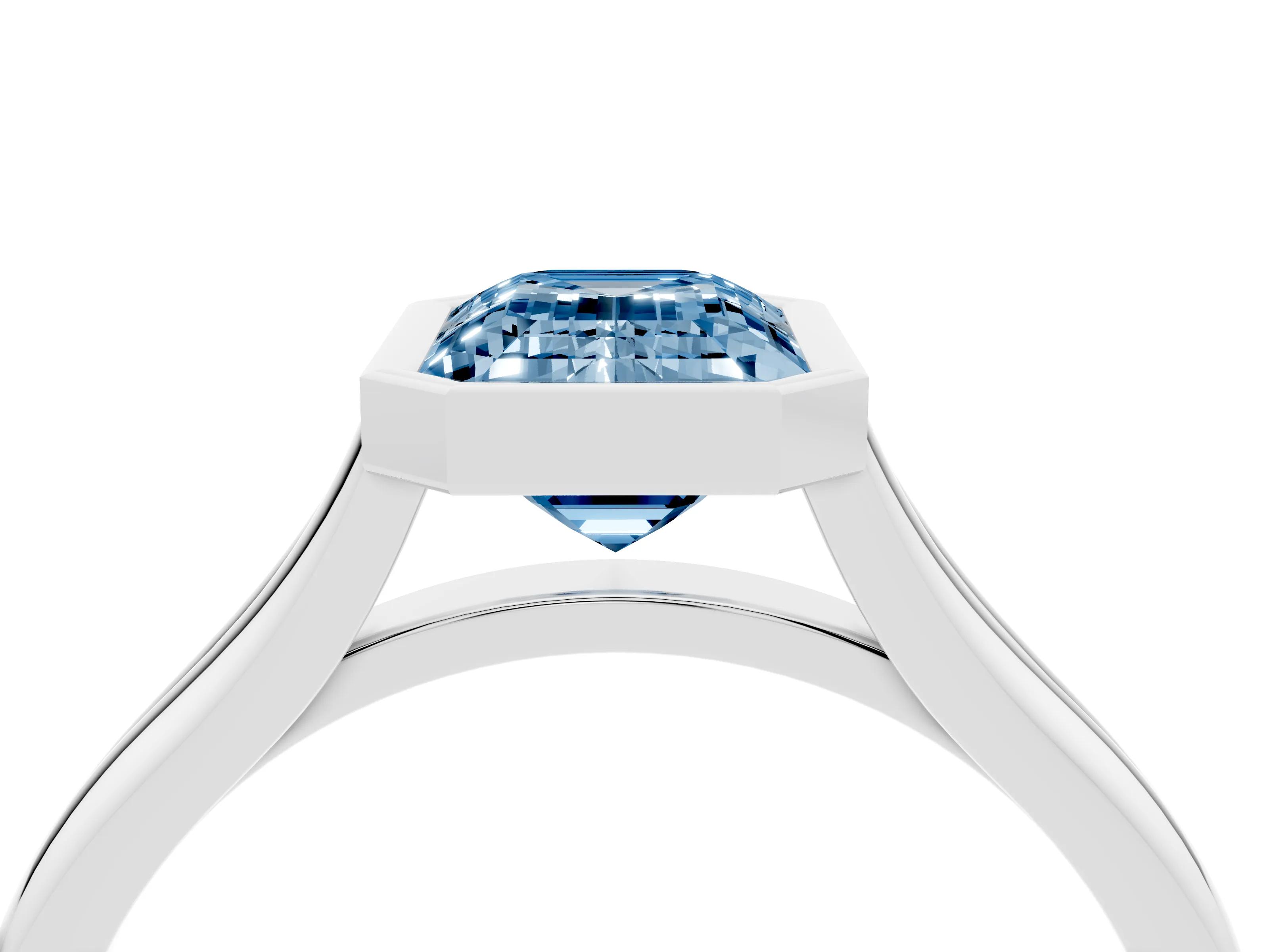 Fancy Blue Bezel Set Emerald Cut Diamond Solitaire Ring Set in Platinum with Tapered Band