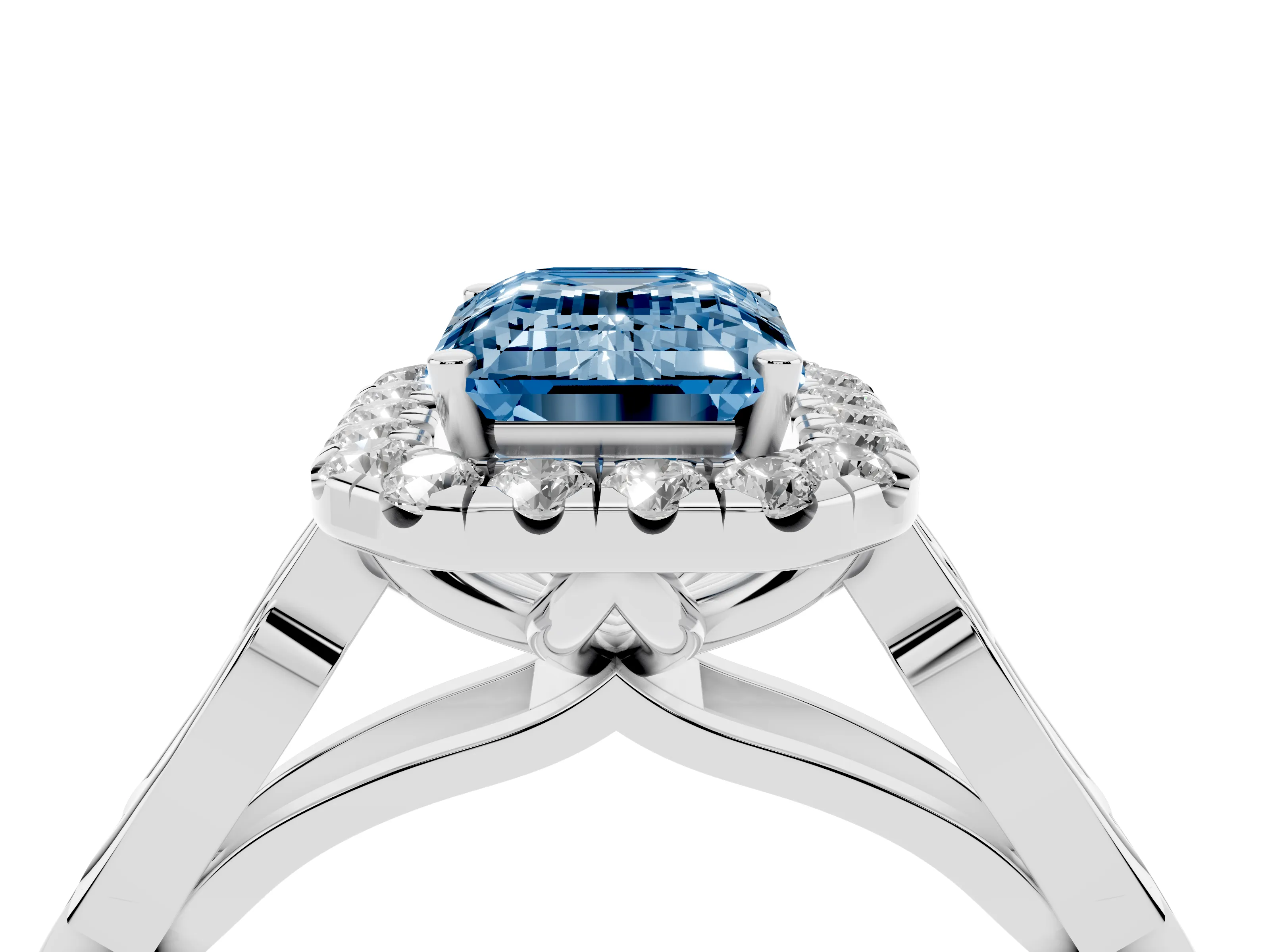 Fancy Blue Emerald Cut Diamond Halo Engagement Ring Set in Platinum with Filigree Band and Prong-Set Center
