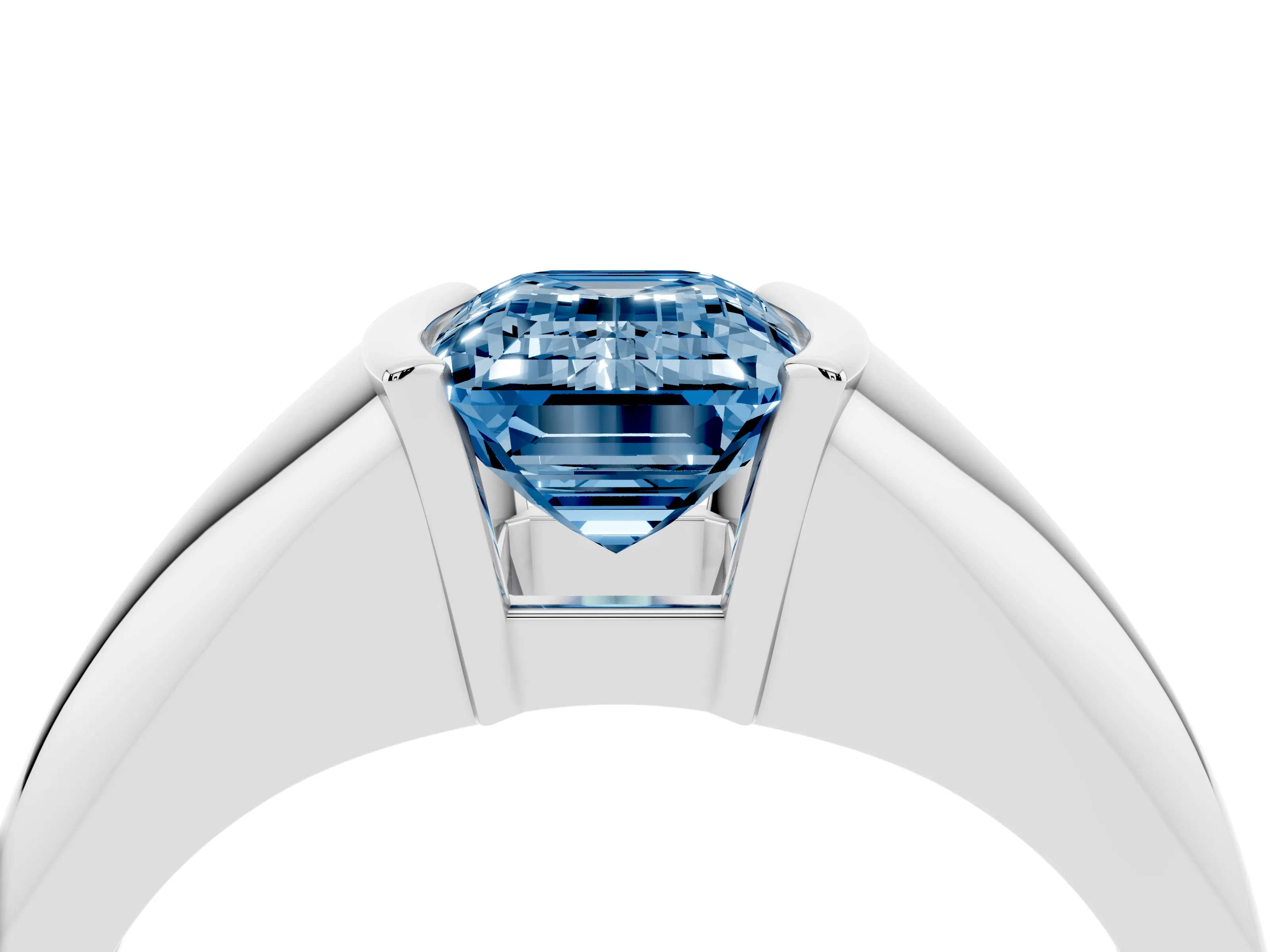 Fancy Blue Emerald Cut Diamond Solitaire Tension Set Ring Set in Silver