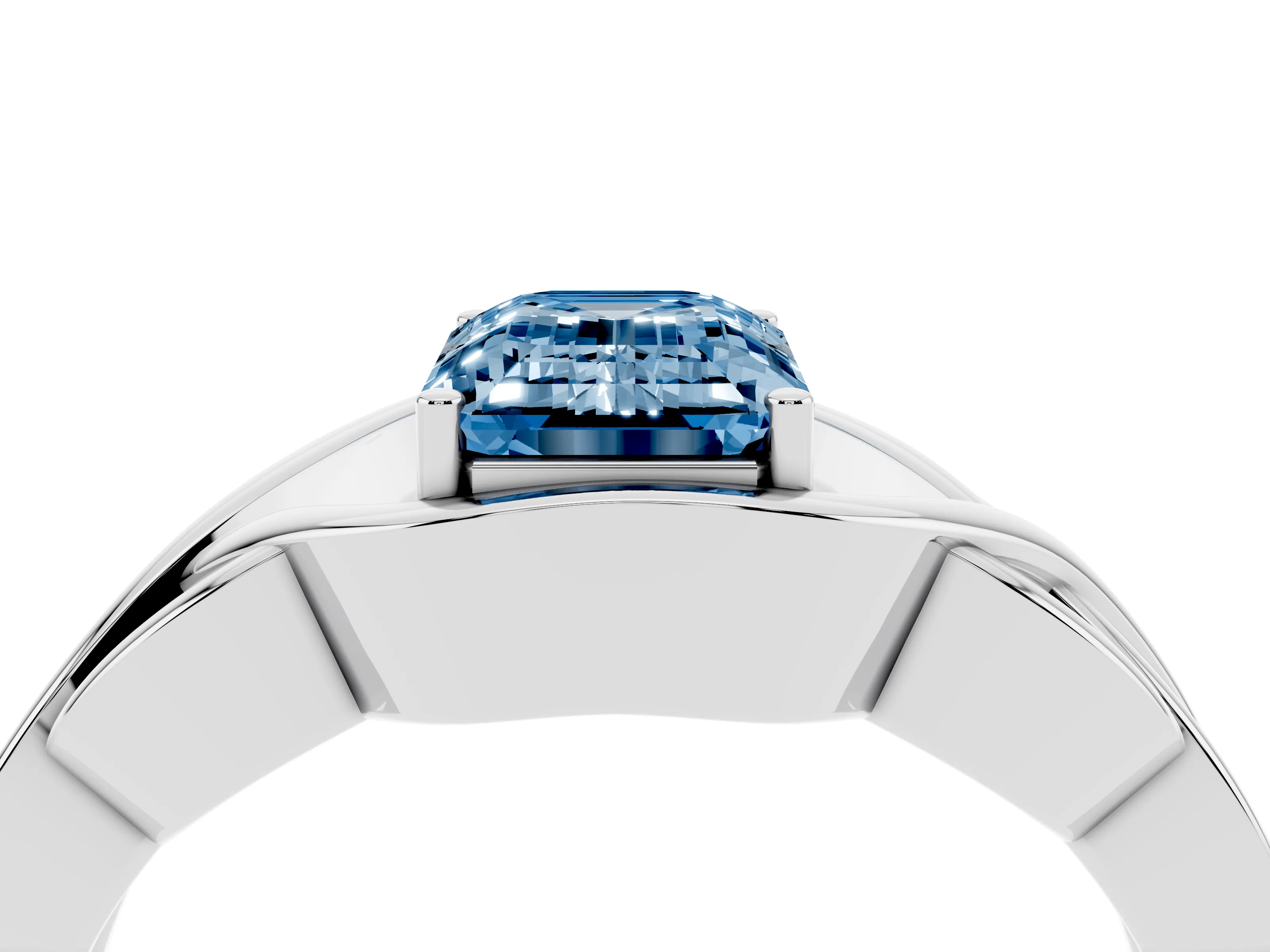 Fancy Blue Emerald Cut Diamond Solitaire Ring Set in Platinum with Intertwined Band