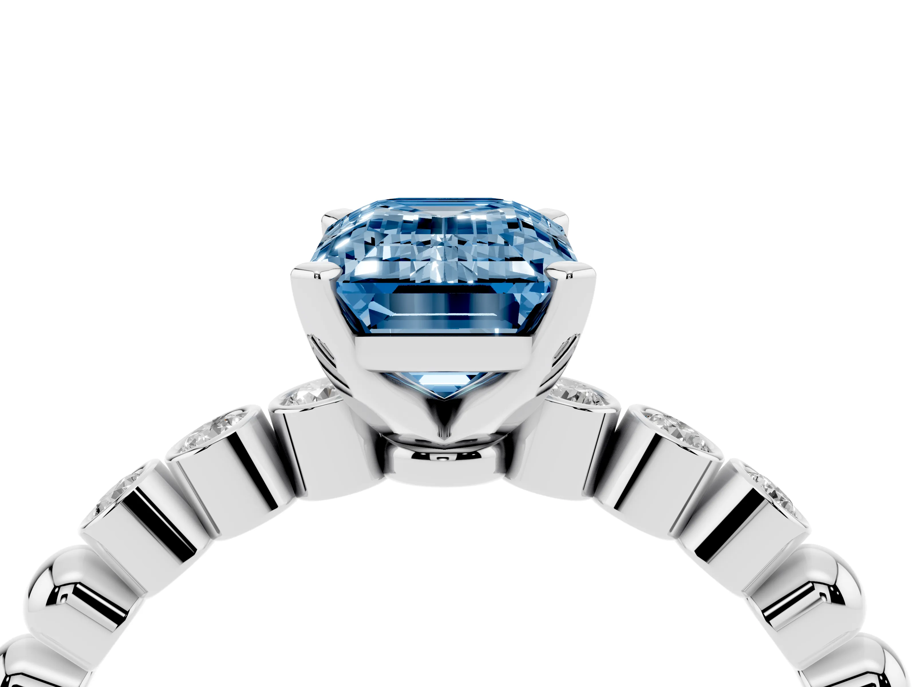 Fancy Blue Emerald Cut Diamond Solitaire Engagement Ring Set in White gold with Bezel Accents on Beaded Band