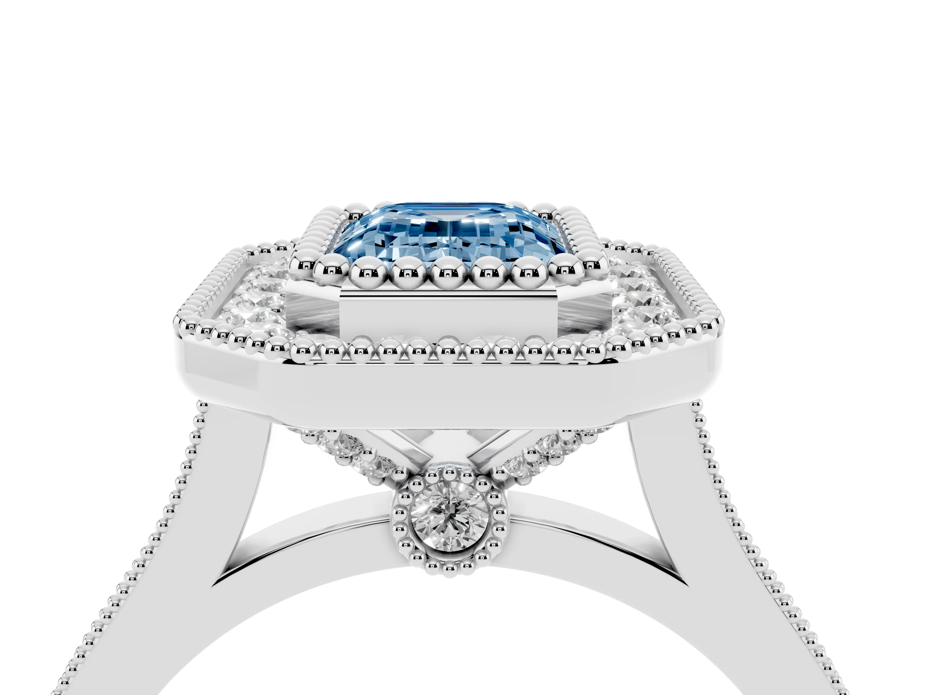 Fancy Blue Emerald Cut Diamond Halo Ring Set in White gold with Milgrain Frame and Pavé Band