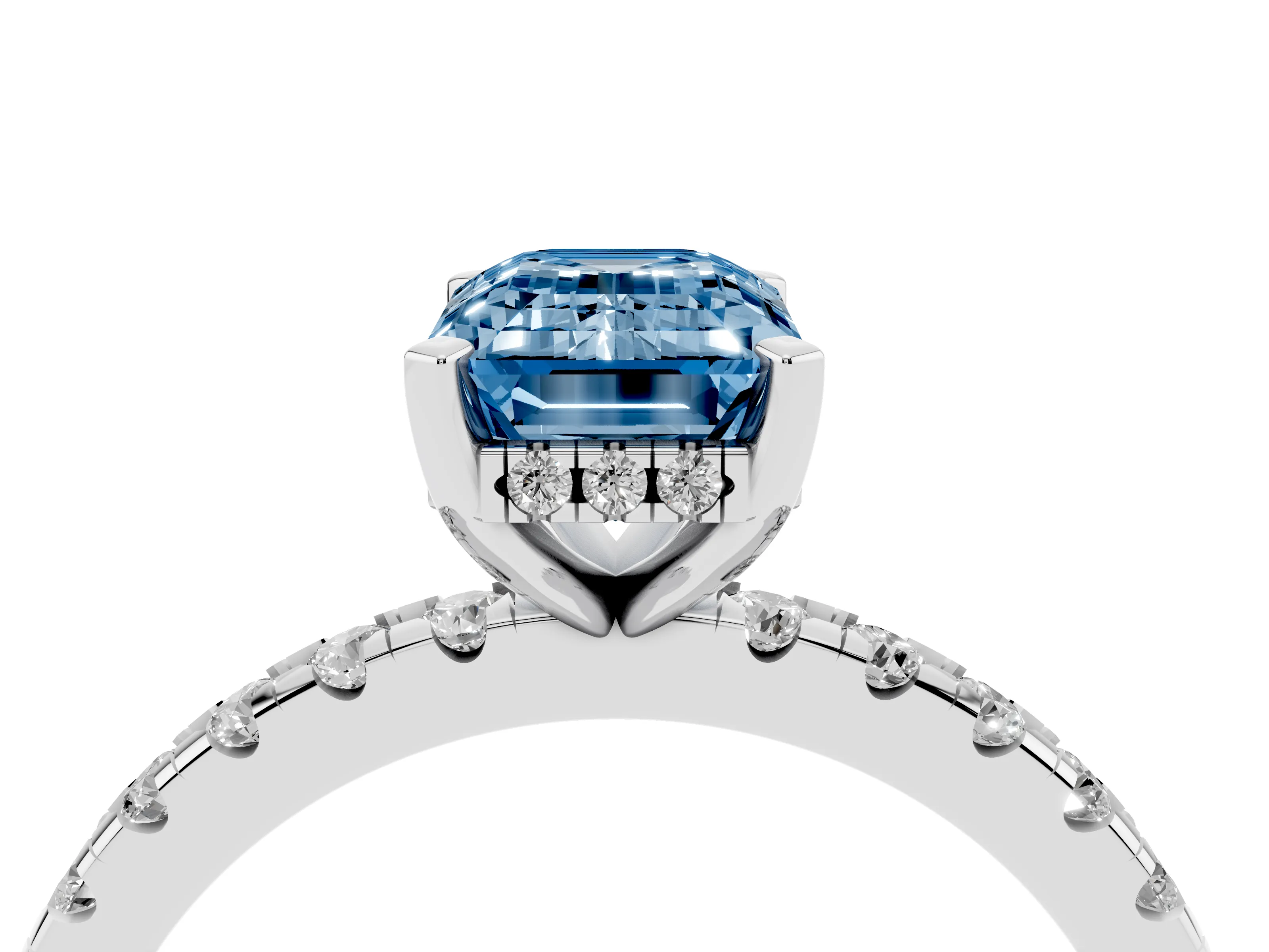 Fancy Blue Emerald Cut Diamond Pavé Solitaire Ring Set in White gold with Round Band Accents and Prong Setting