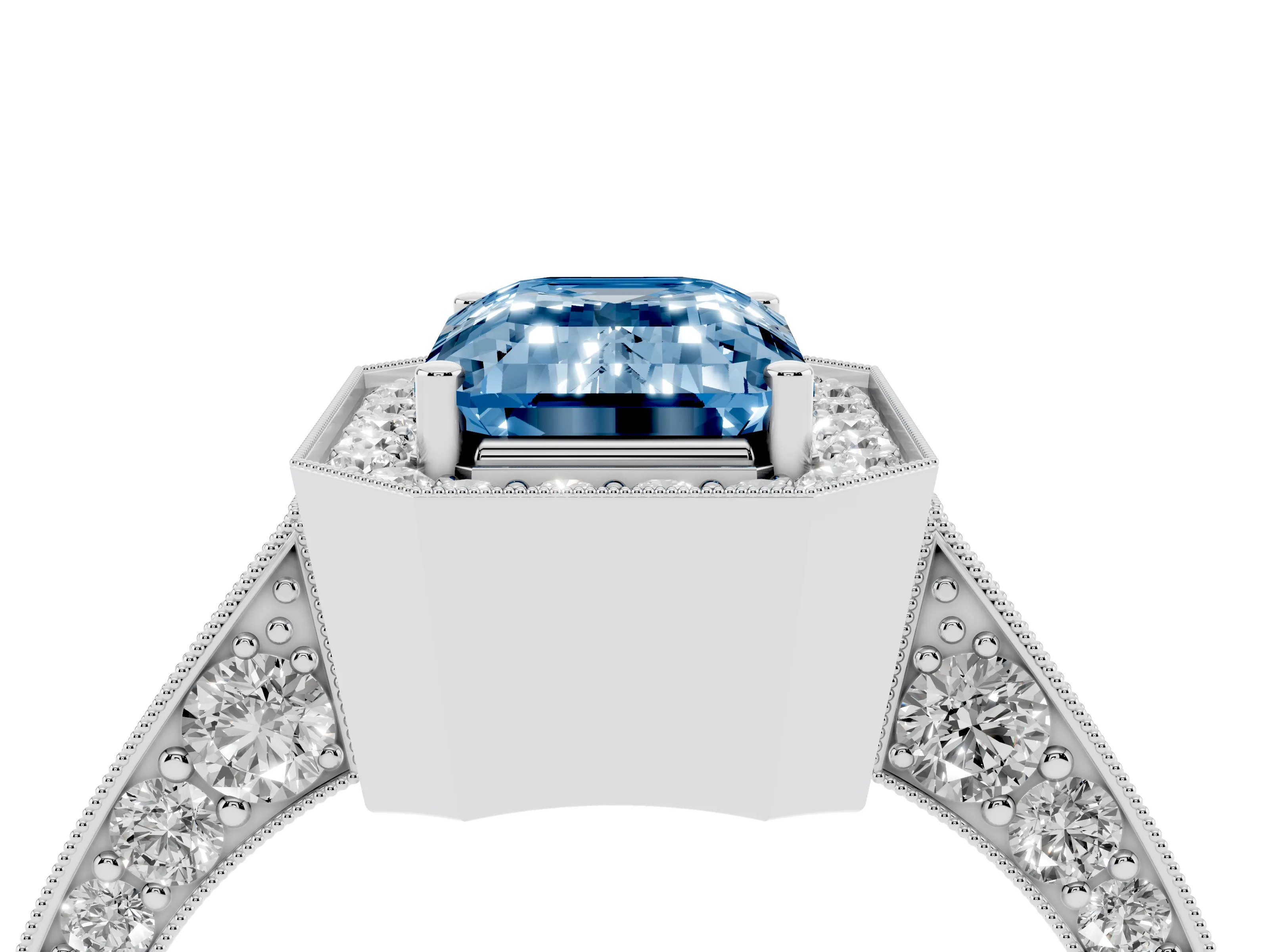 Fancy Blue Emerald Cut Diamond Halo Engagement Ring Set in Silver with Accent Split Shank Band