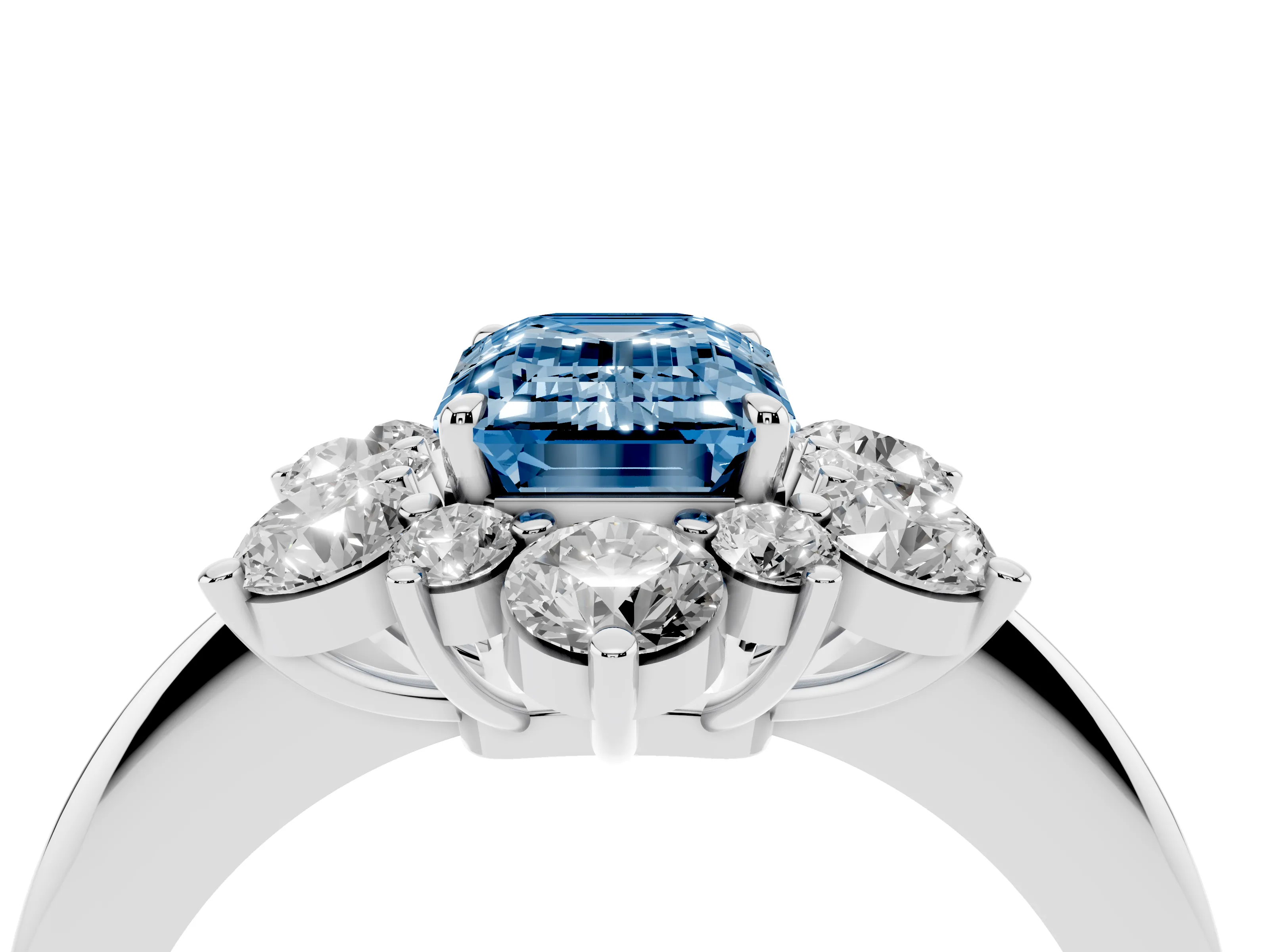 Fancy Blue Emerald Cut Diamond Cluster Halo Ring Set in Silver with Solitaire Band and Prong Setting