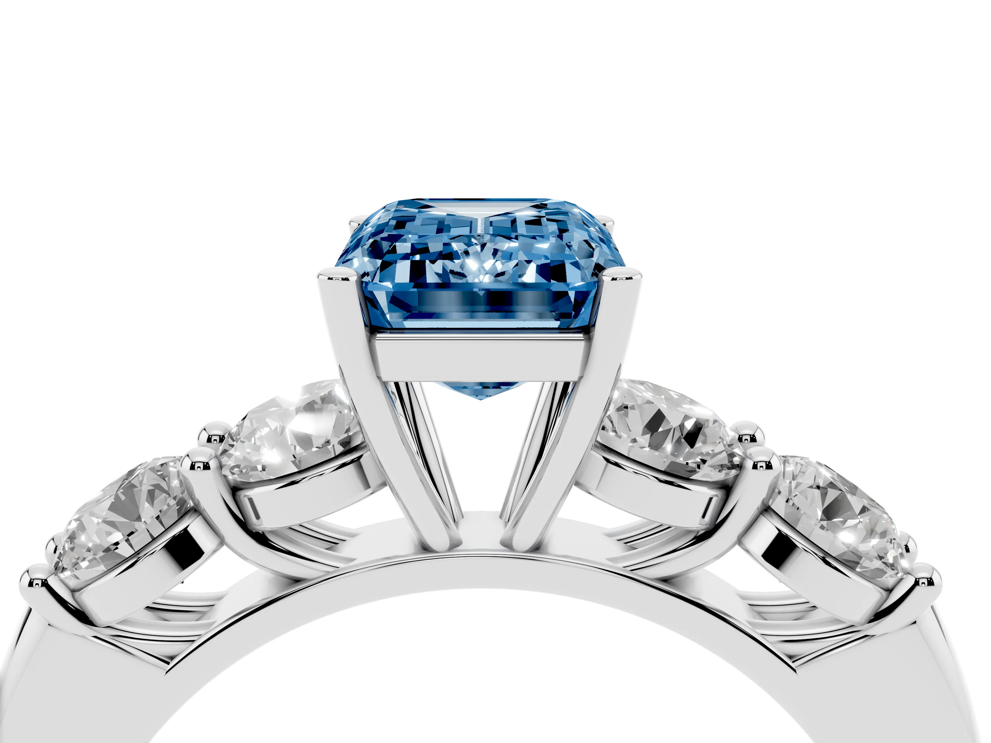 Fancy Blue Emerald Cut Diamond Five-Stone Prong Set Ring Set in Silver with Classic Band