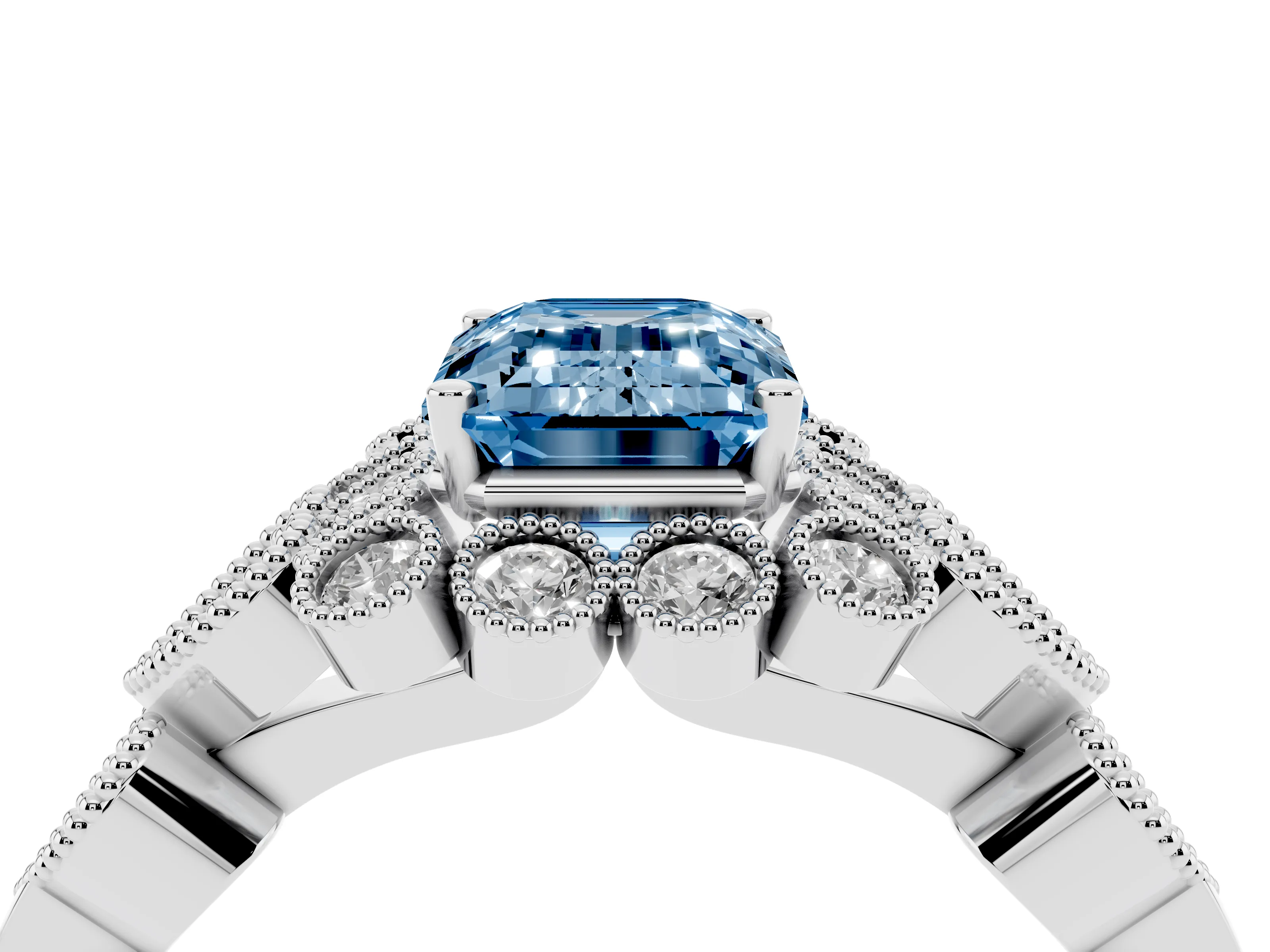 Fancy Blue Emerald Cut Diamond Solitaire Ring Set in Platinum with Milgrain Pavé Heart Band