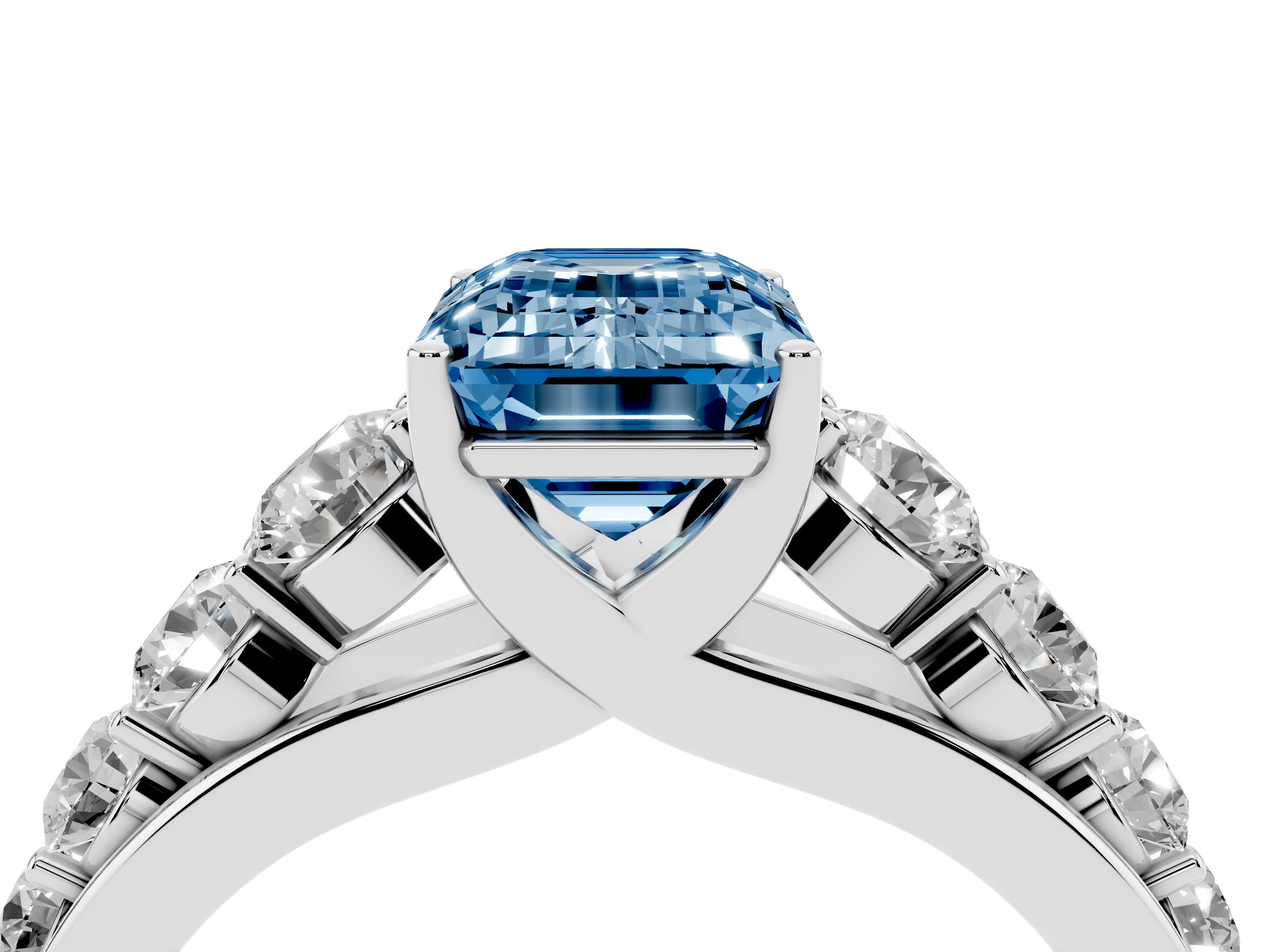 Fancy Blue Emerald Cut Diamond Solitaire Ring Set in White gold with Pavé-Set Band and Prong Setting