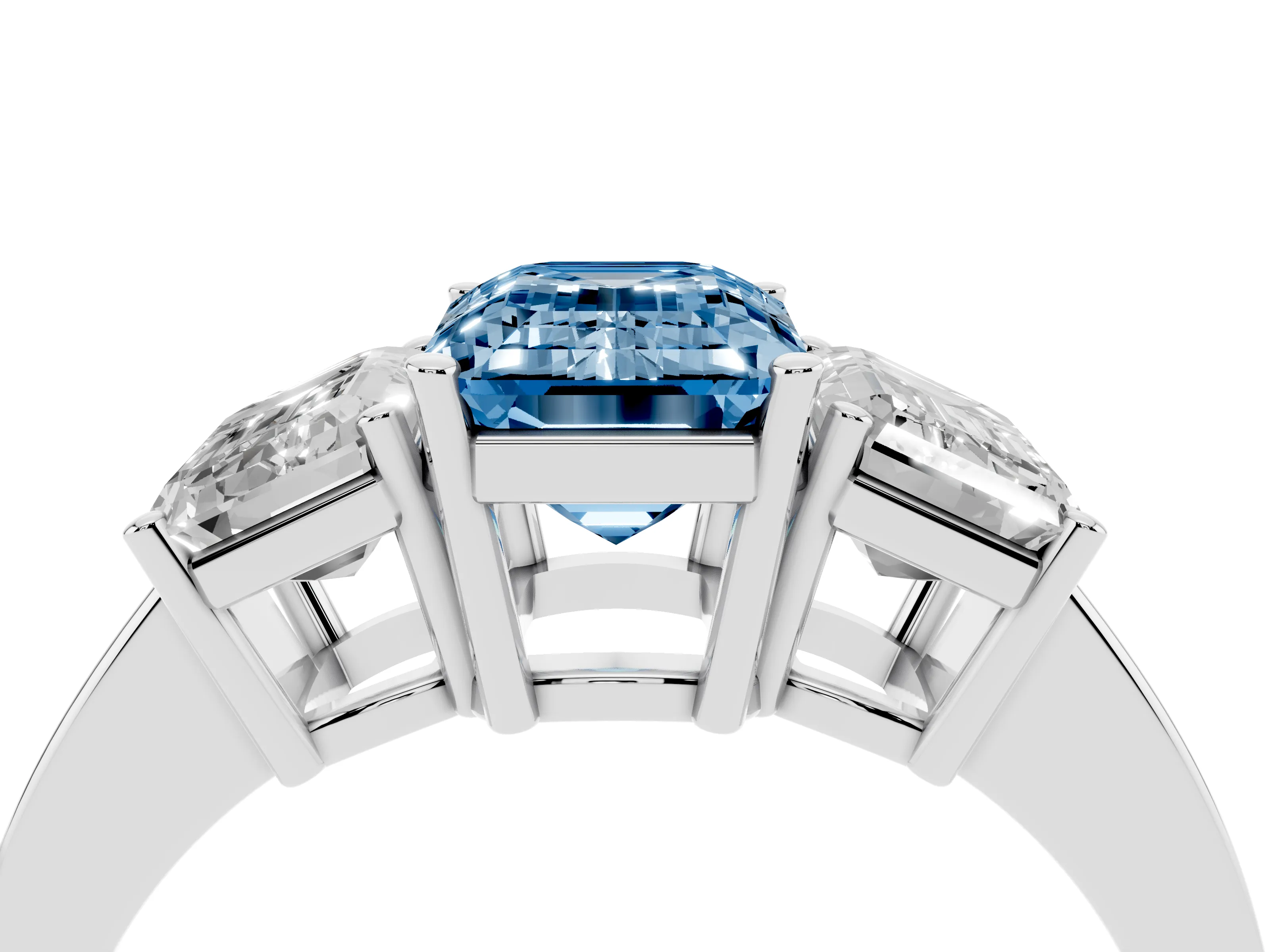 Fancy Blue Emerald Cut Diamond Three-Stone Engagement Ring Set in Silver with Flat Band