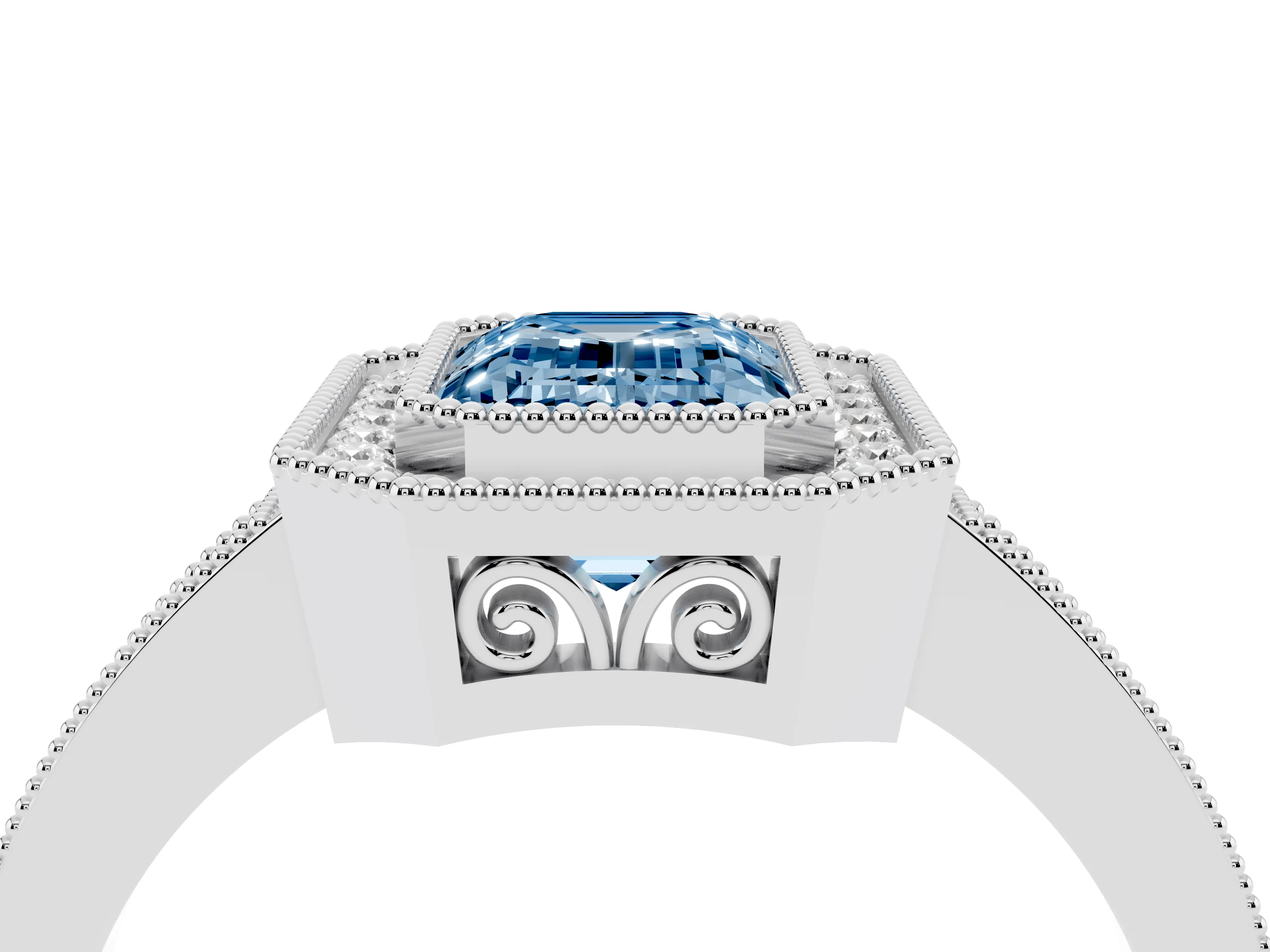 Fancy Blue Emerald Cut Diamond Halo Ring Set in White gold with Pavé Band and Milgrain-Edged Prongs