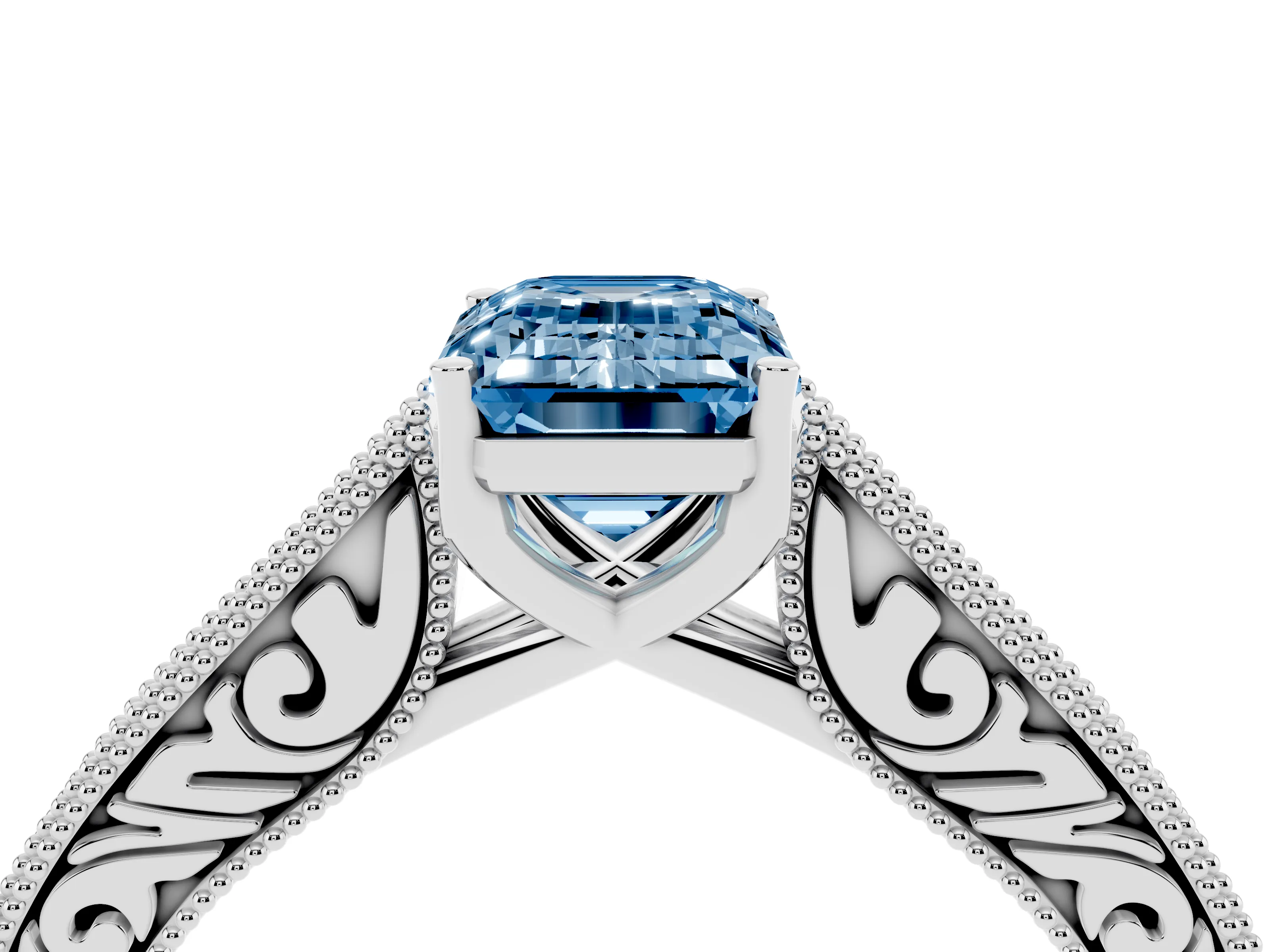 Fancy Blue Emerald Cut Diamond Milgrain Pavé Band Solitaire Ring Set in Platinum with Prong Setting