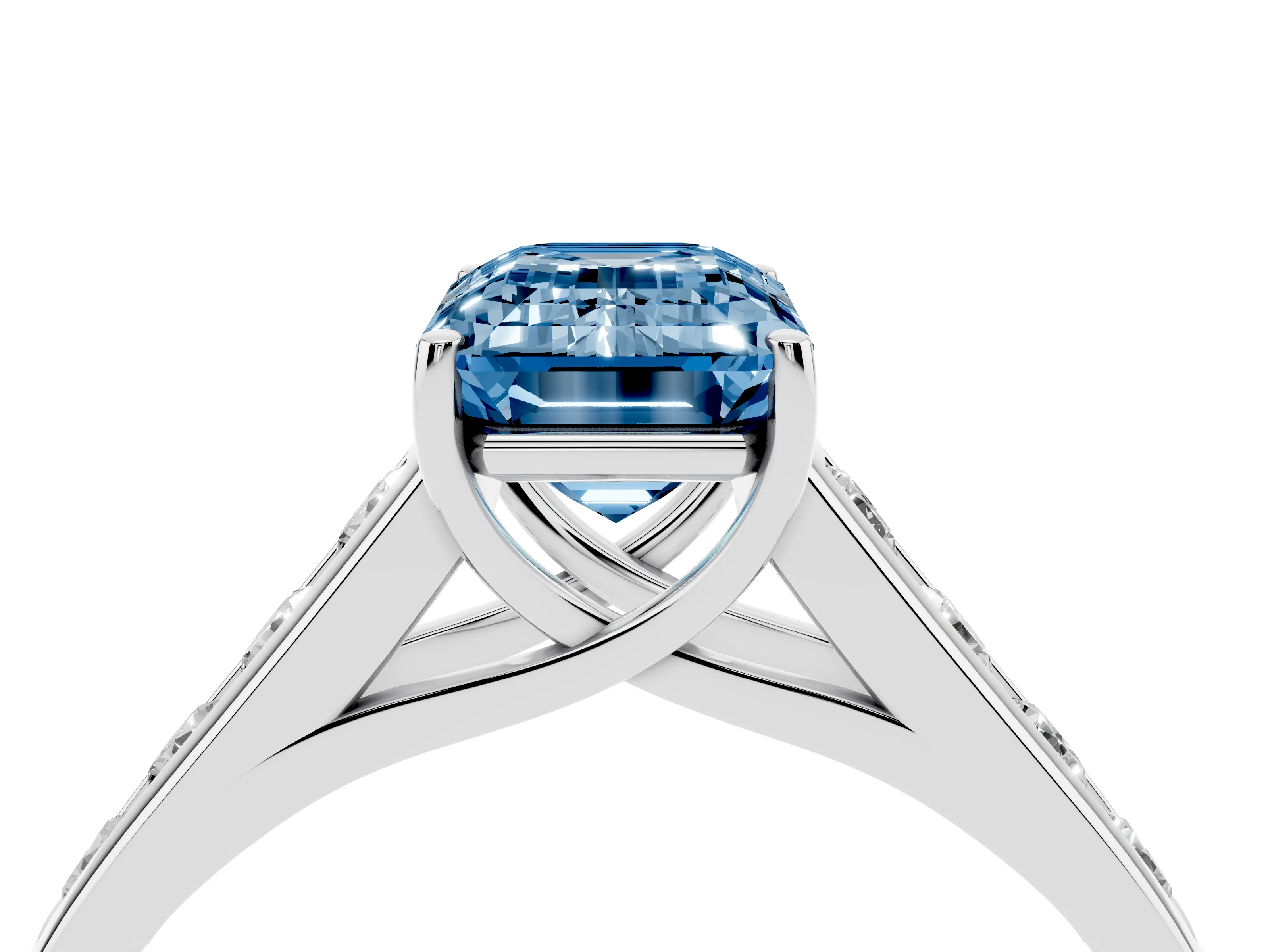 Fancy Blue Emerald Cut Diamond Solitaire Channel-Set Engagement Ring Set in White gold with Prong Setting