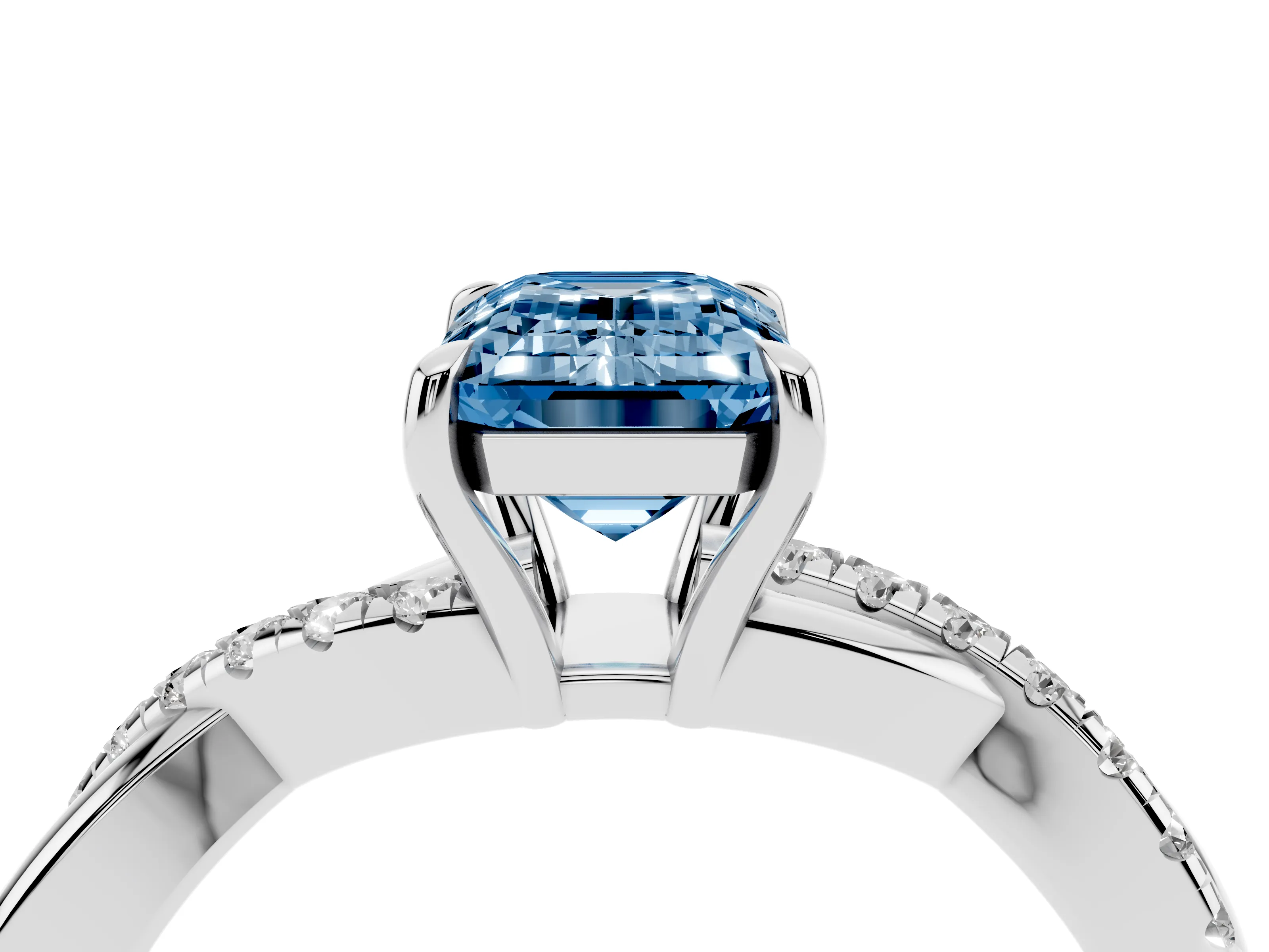 Fancy Blue Emerald Cut Diamond Twisted Pavé Band Ring Set in Silver with Prong Setting