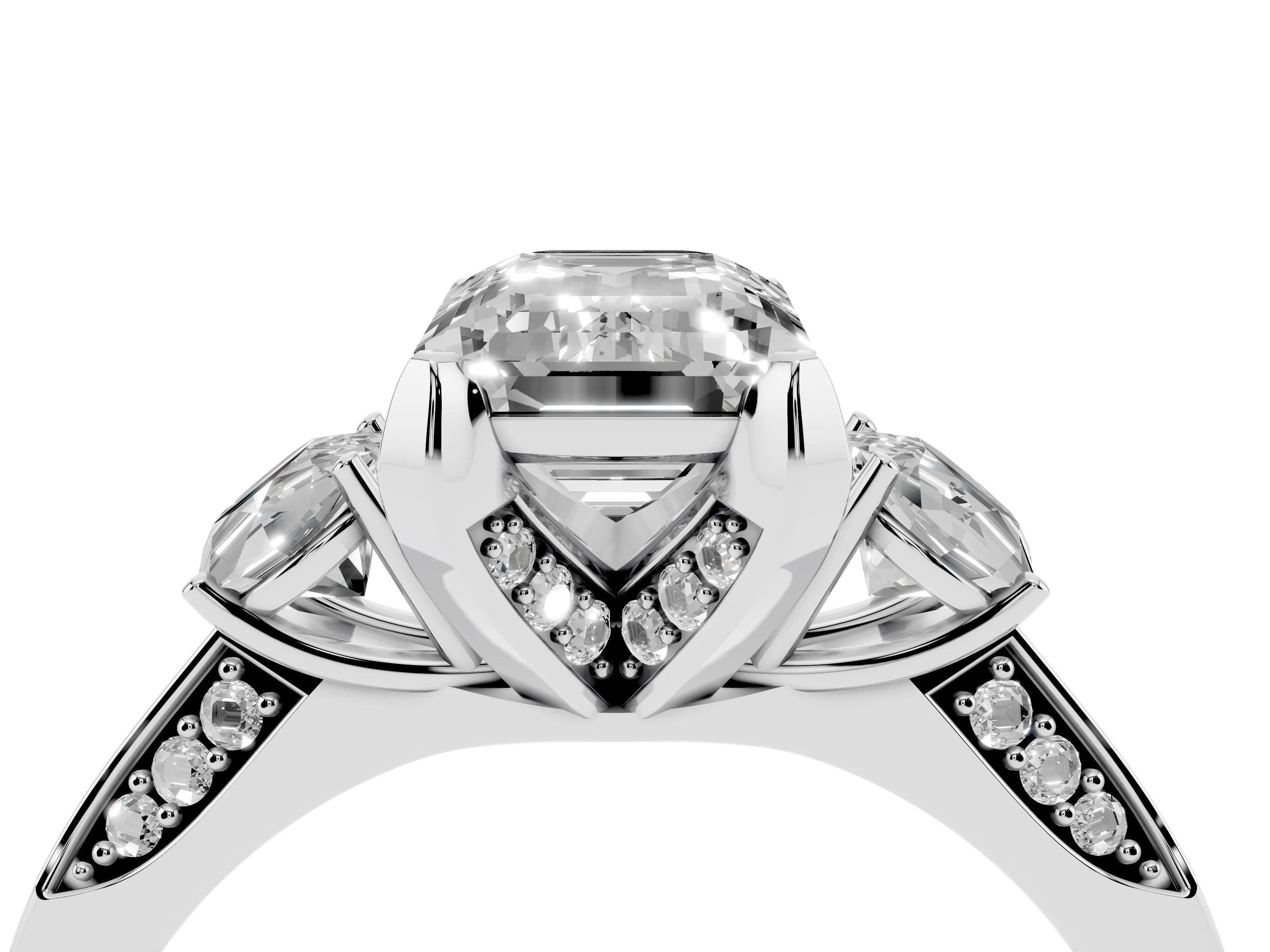 Fancy Blue Emerald Cut Diamond Three-Stone Ring Set in White gold with Pavé Band and Smaller Side Stones