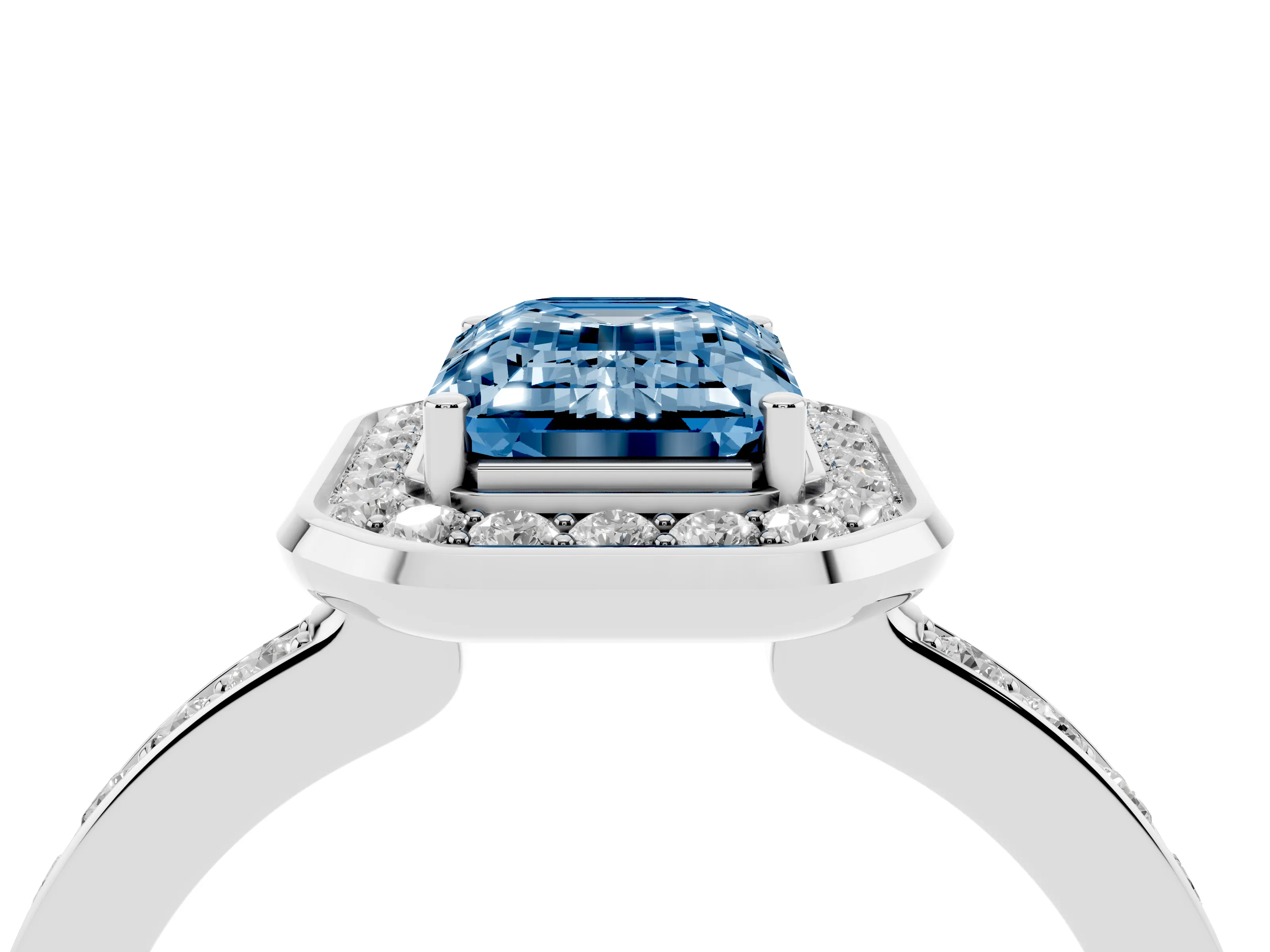 Fancy Blue Emerald Cut Diamond Halo Ring Set in White gold with Bezel Frame and Pavé Band