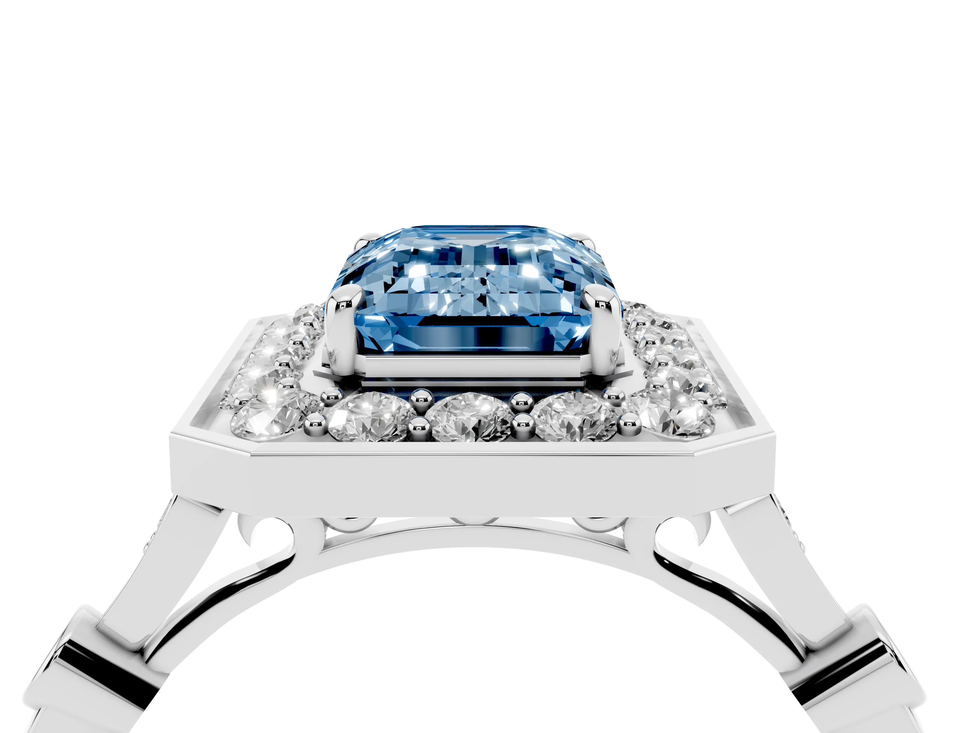 Fancy Blue Emerald Cut Diamond Halo Engagement Ring Set in Silver with Twisted Band and Prong Setting