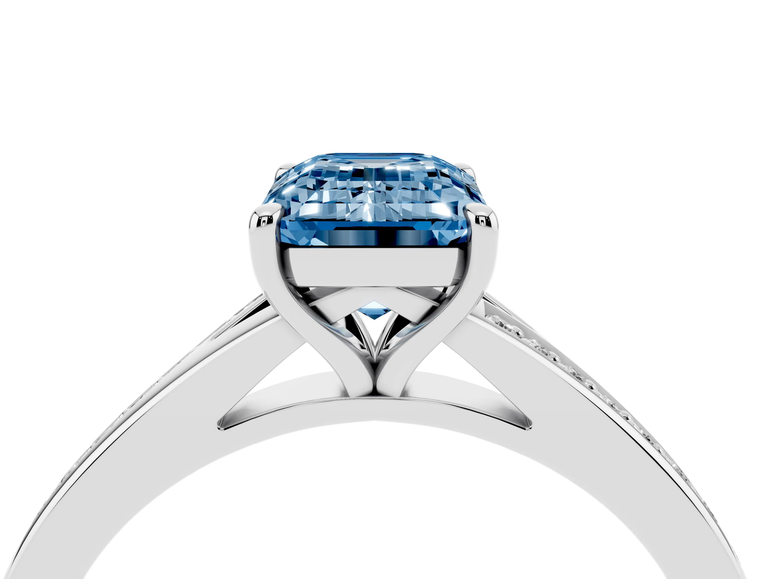 Fancy Blue Emerald Cut Diamond Solitaire Ring Set in Silver with Pavé Accent Band and Classic Prong Setting