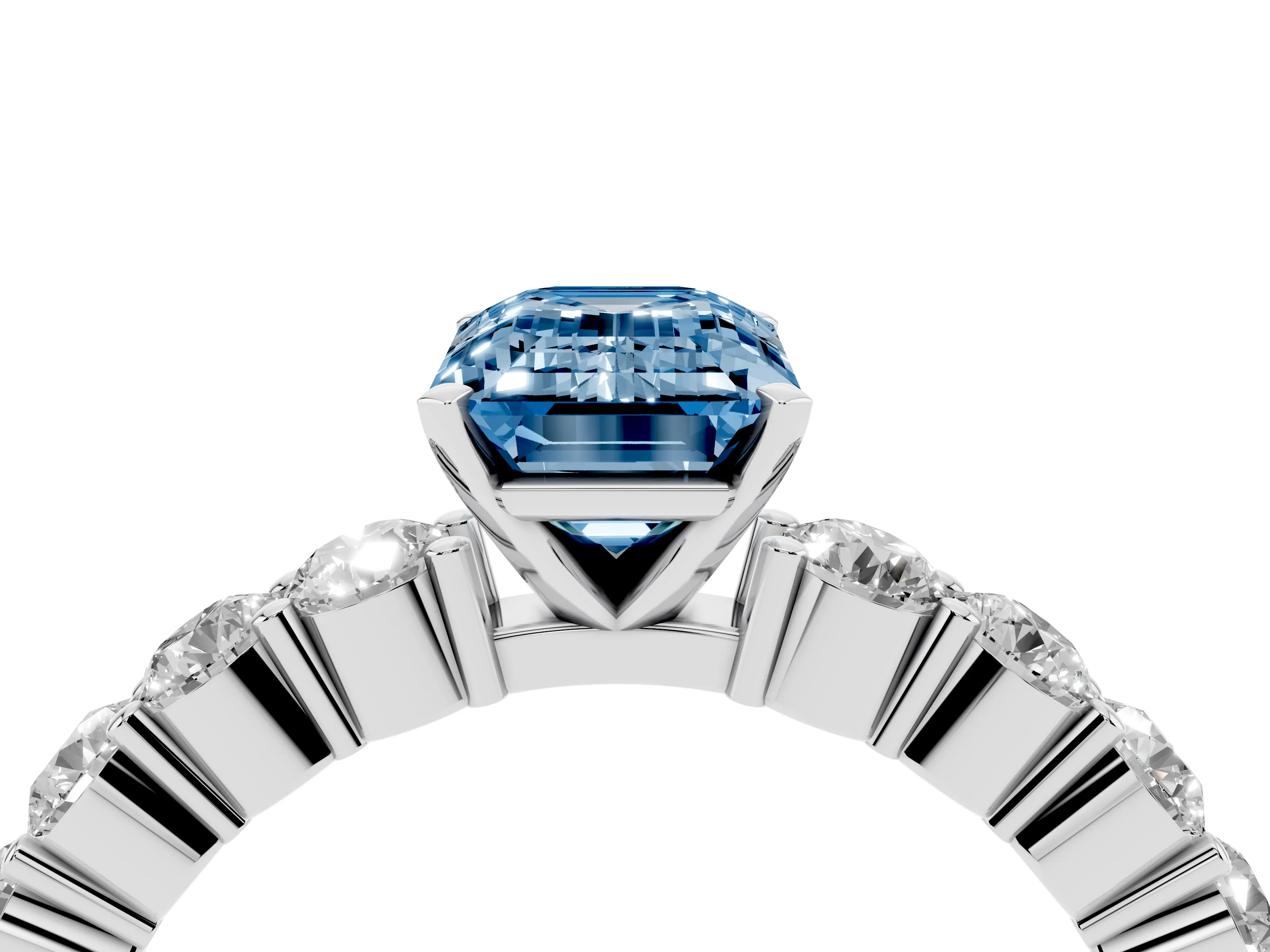 Fancy Blue Emerald Cut Diamond Solitaire Ring Set in White gold with Shared Prong Round Side Stones