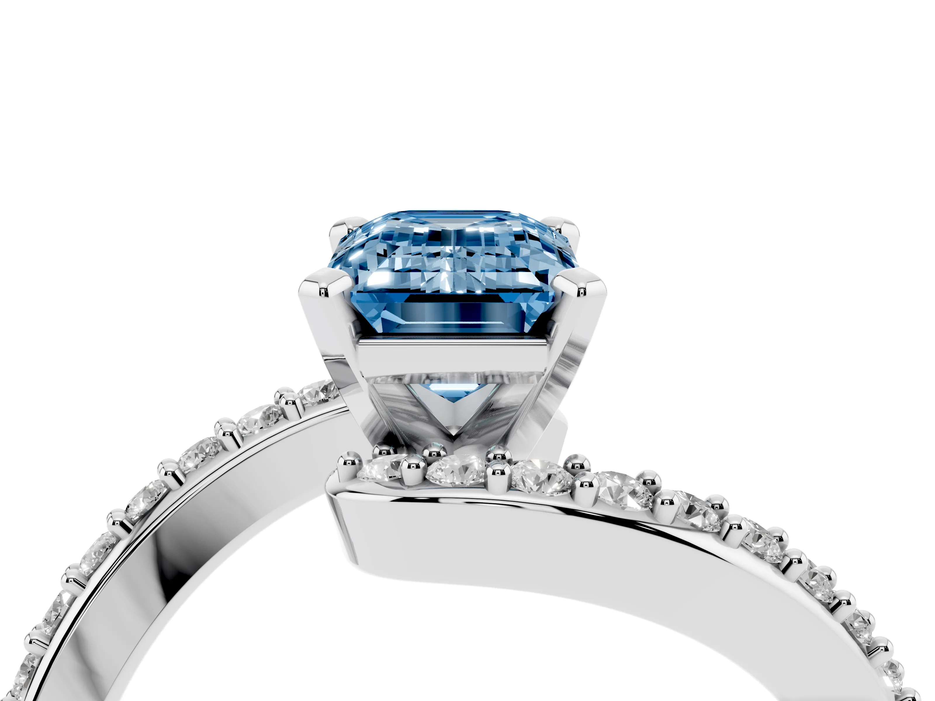Fancy Blue Emerald Cut Diamond Solitaire Ring Set in Platinum with Pavé Twist Band and Prong Setting