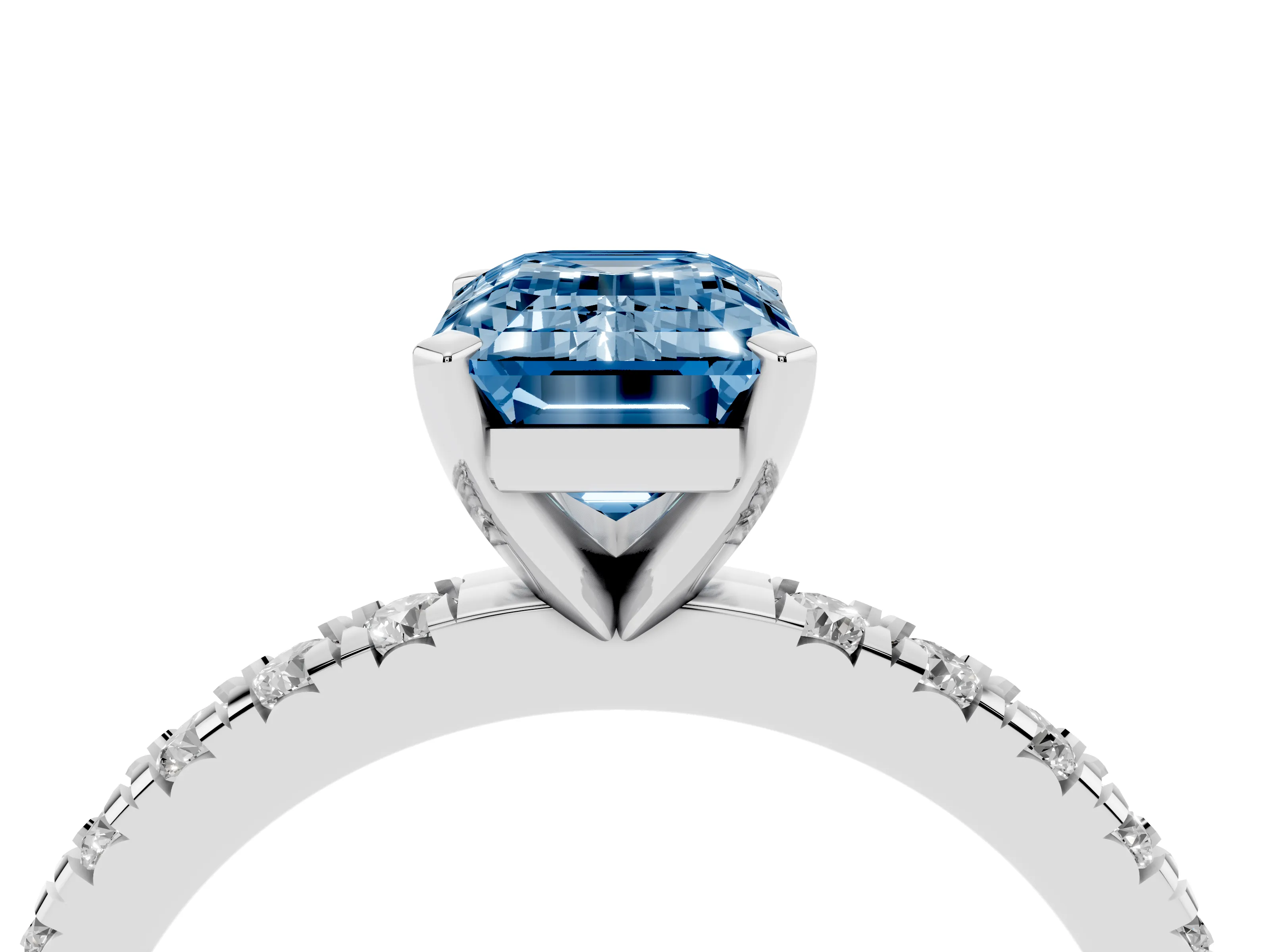 Fancy Blue Emerald Cut Diamond Pavé Band Solitaire Set in Platinum with Prong Setting
