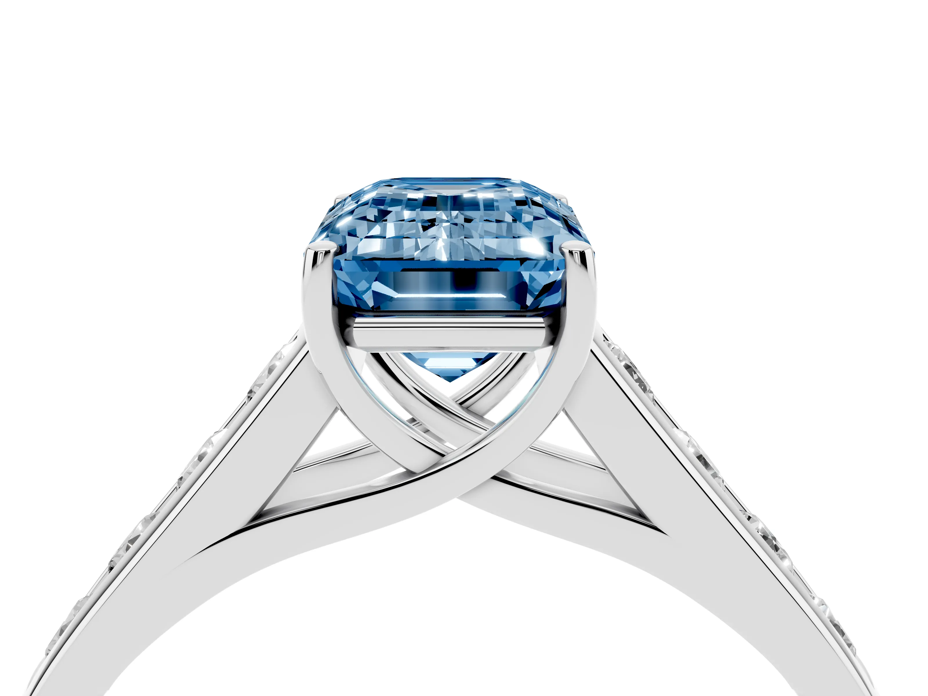 Fancy Blue Emerald Cut Diamond Brilliant Channel-Set Solitaire Ring Set in White gold with Prong Setting