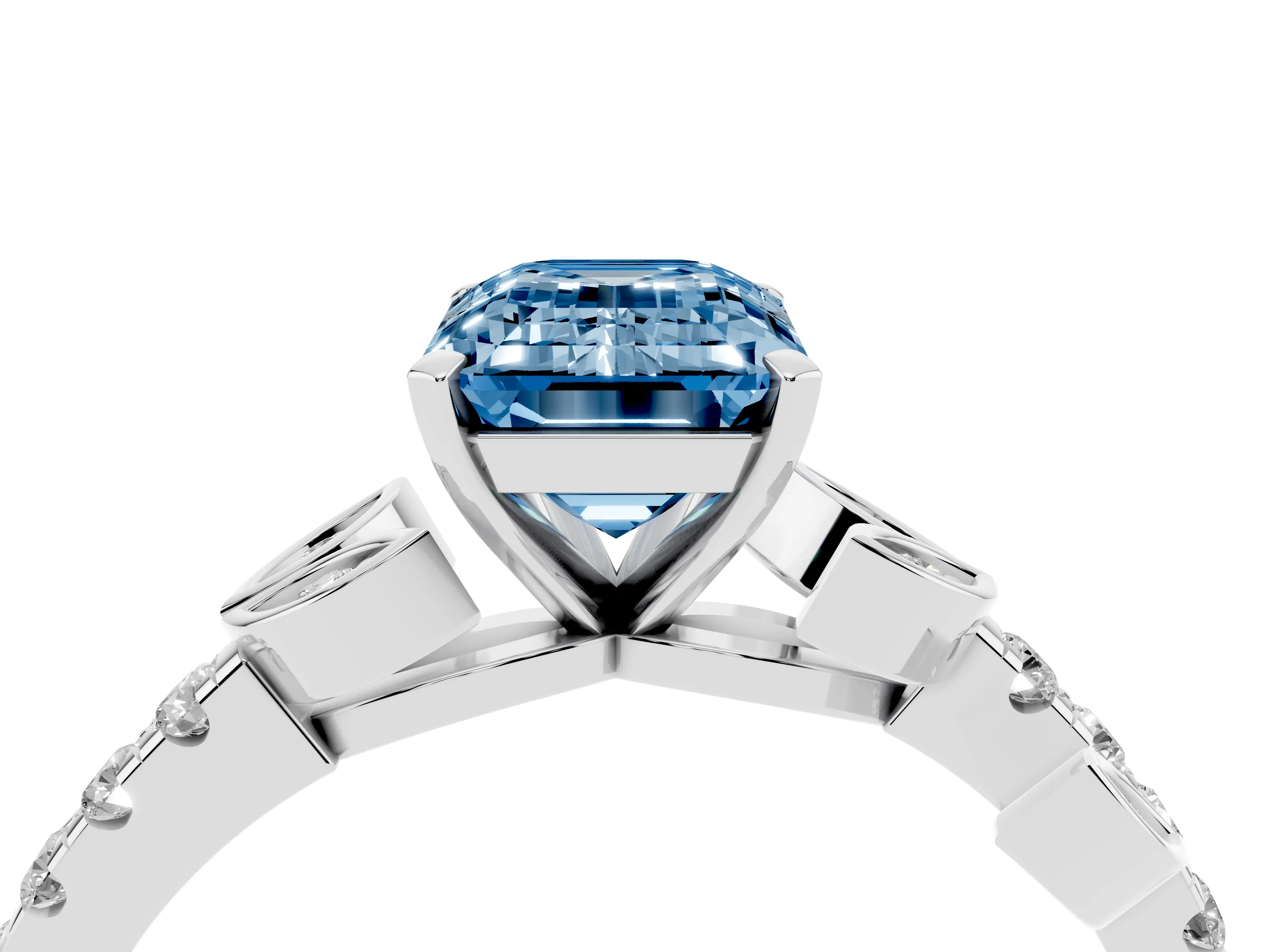 Fancy Blue Emerald Cut Diamond Solitaire Leaf-Inspired Ring Set in Silver with Pavé Band and Prong Setting