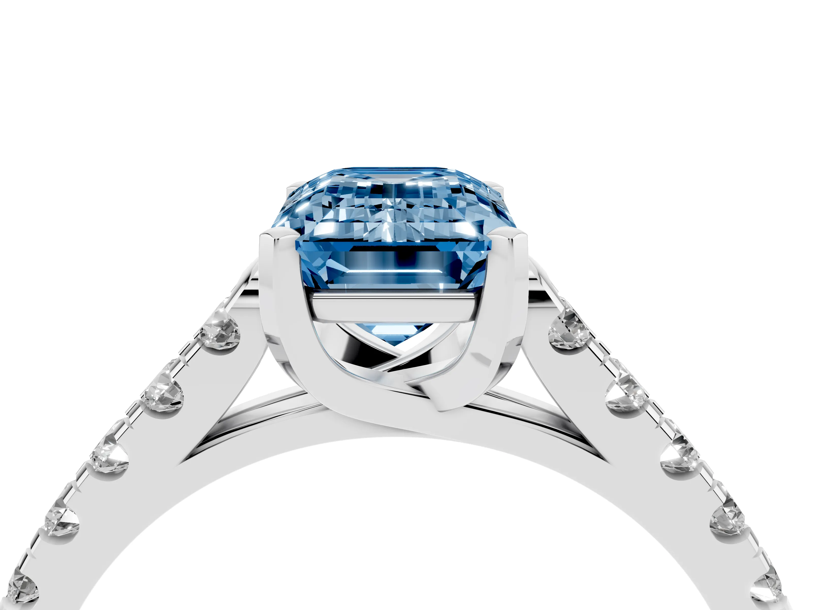 Fancy Blue Emerald Cut Diamond Pavé Band Solitaire Ring Set in White gold with Partway Accent Stones and Prong Setting