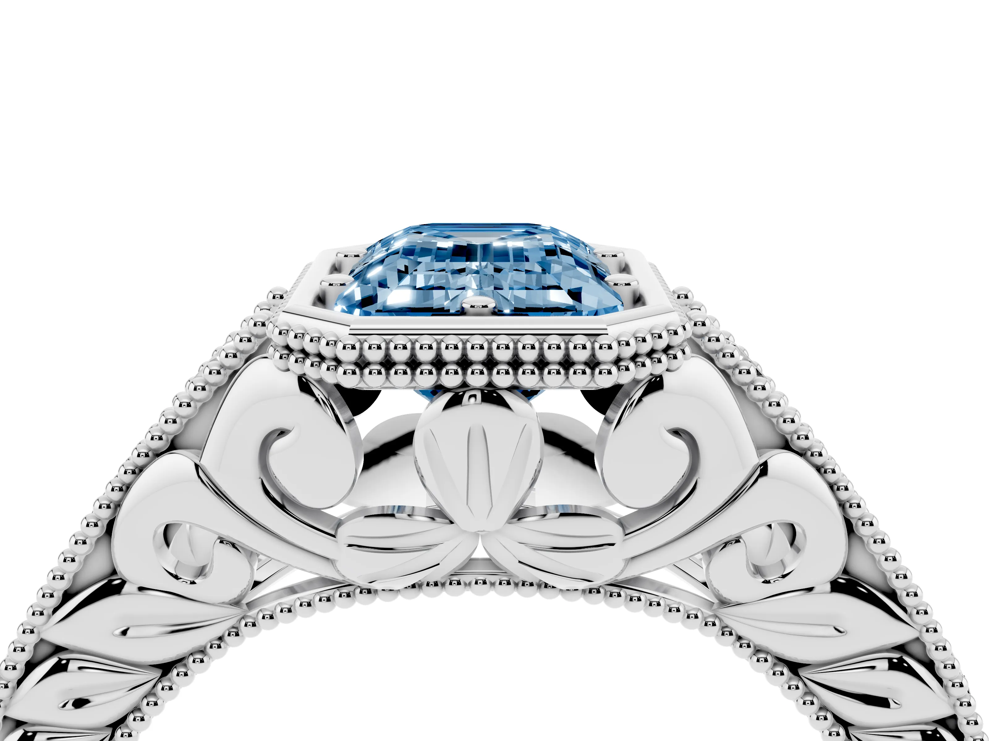 Fancy Blue Bezel Set Emerald Cut Diamond Milgrain Pavé Engagement Ring Set in Silver