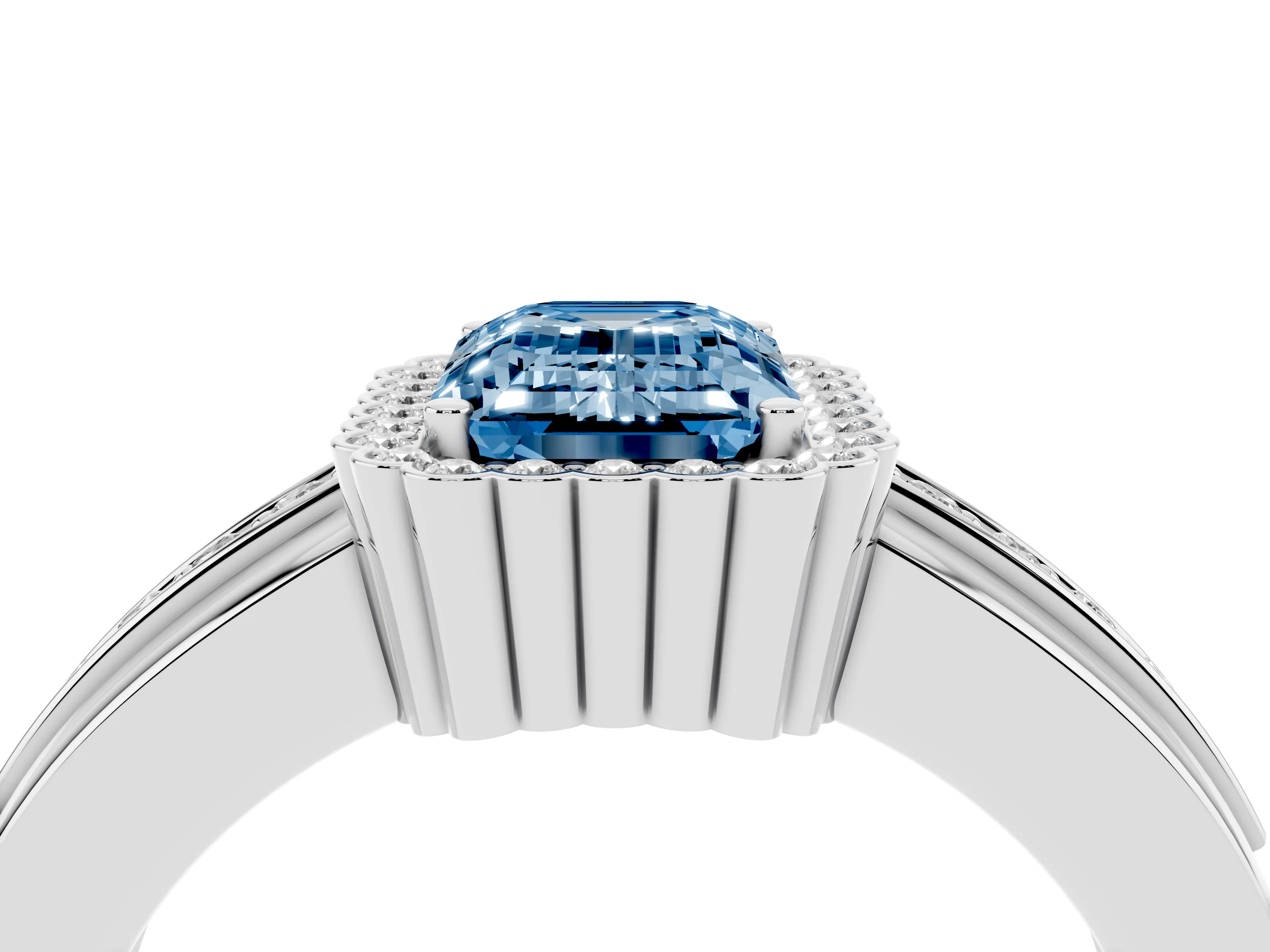 Fancy Blue Emerald Cut Diamond Halo Prong Ring Set in White gold with Pavé Band