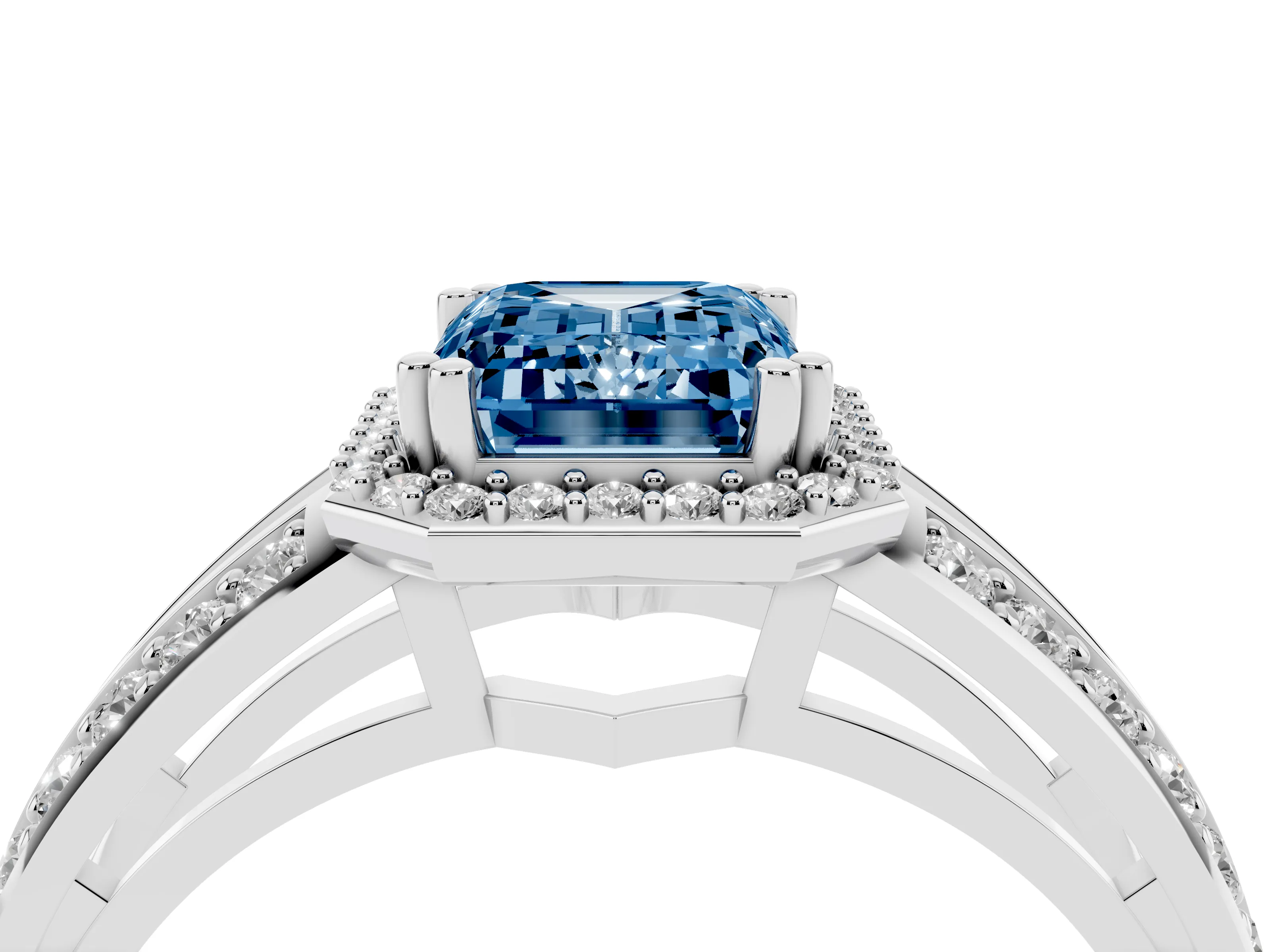 Fancy Blue Emerald Cut Diamond Halo Ring Set in White gold with Double Pavé Split Shank