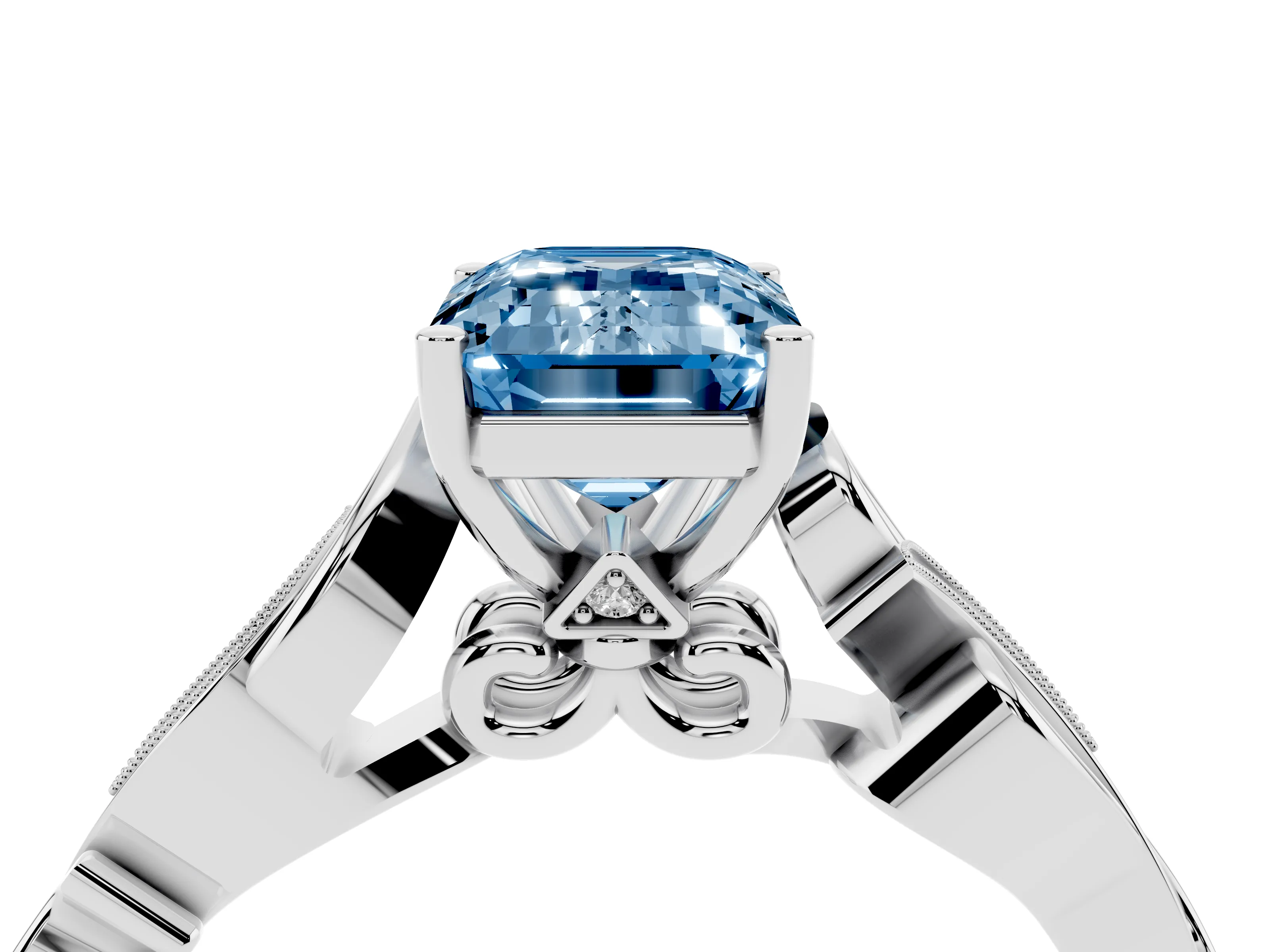 Fancy Blue Emerald Cut Diamond Vine Band Solitaire Ring Set in White gold with Milgrain Prong Setting