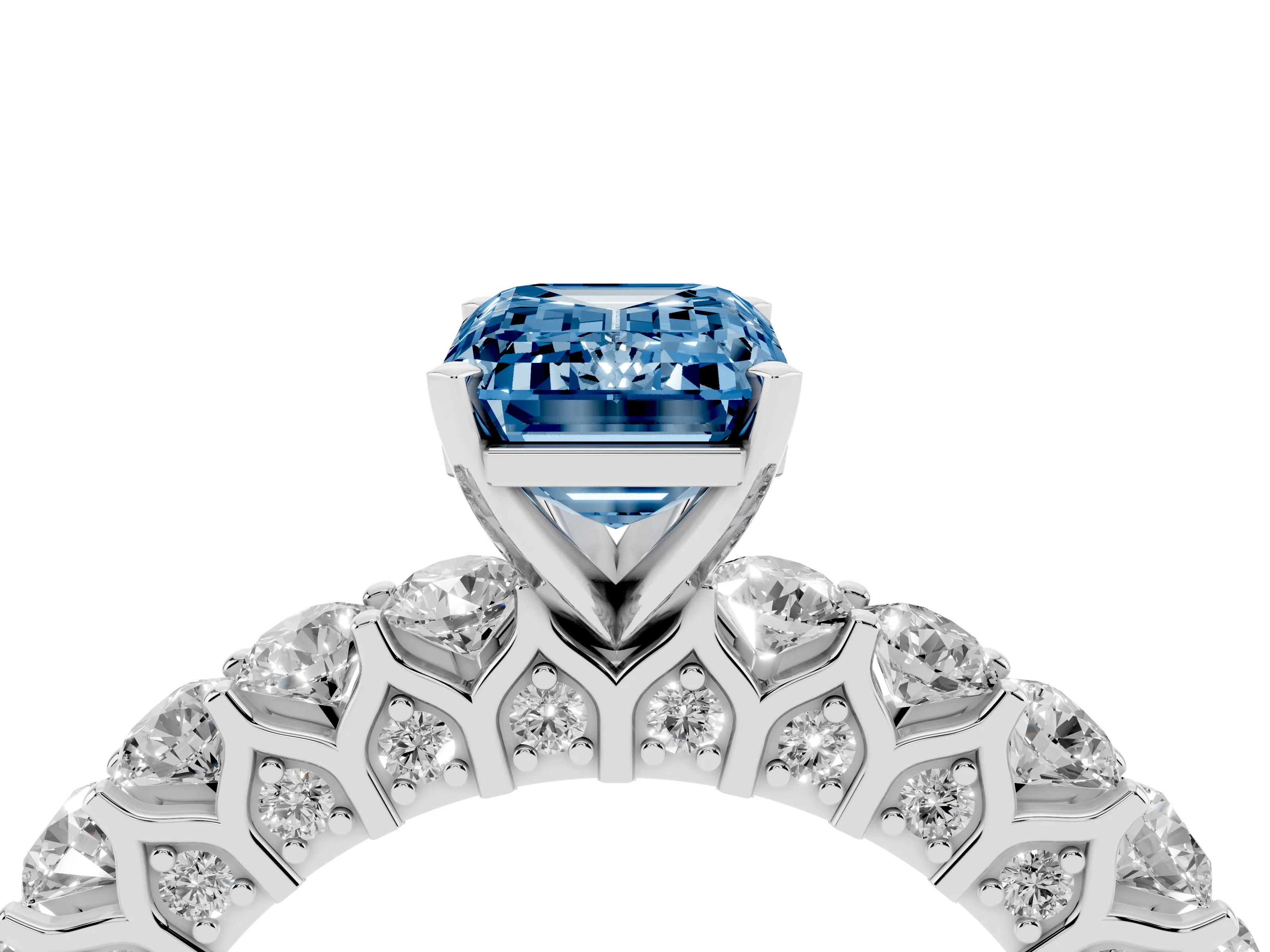 Fancy Blue Emerald Cut Diamond Solitaire Ring Set in Silver with Shared Prong Pavé Band