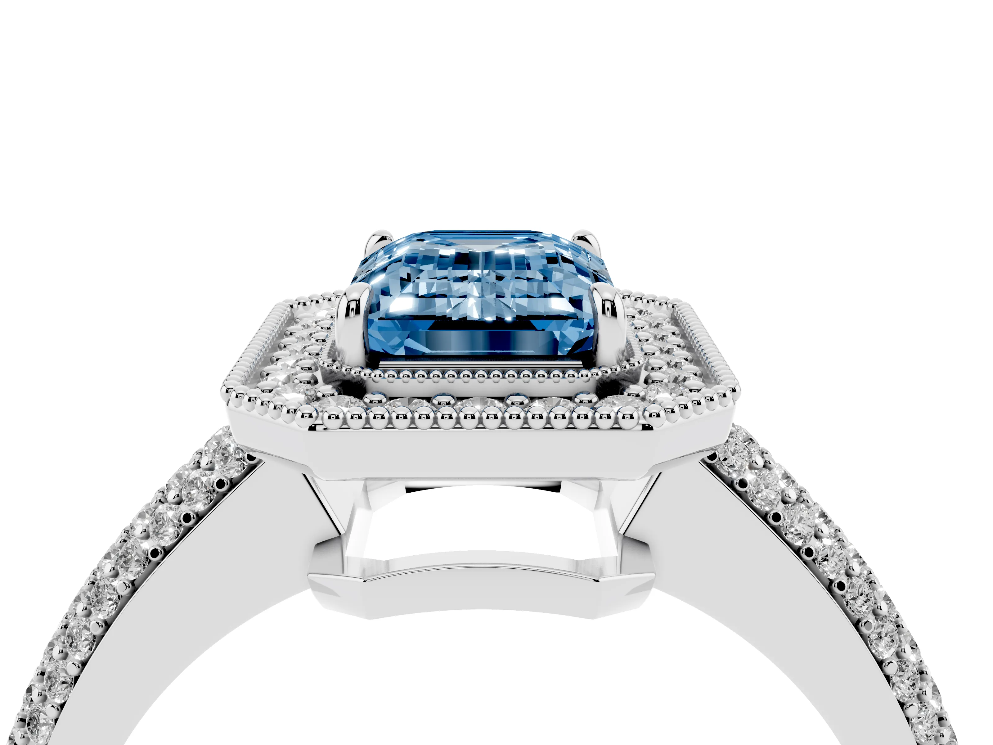 Fancy Blue Emerald Cut Diamond Halo Pavé Band Set in Platinum with Prong Setting
