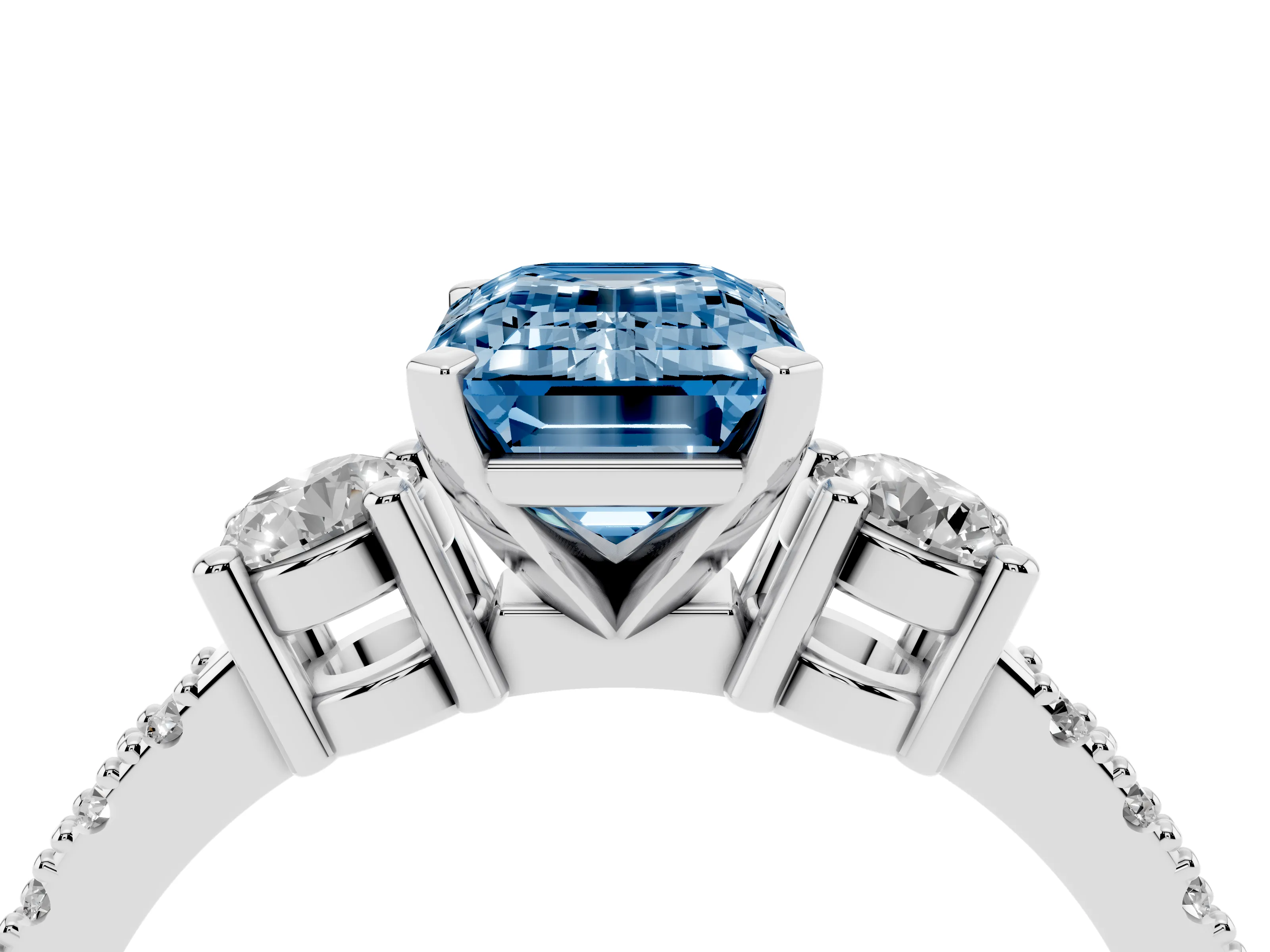 Fancy Blue Three-Stone Emerald Cut Diamond Pavé Band Ring Set in Silver with Prong Setting