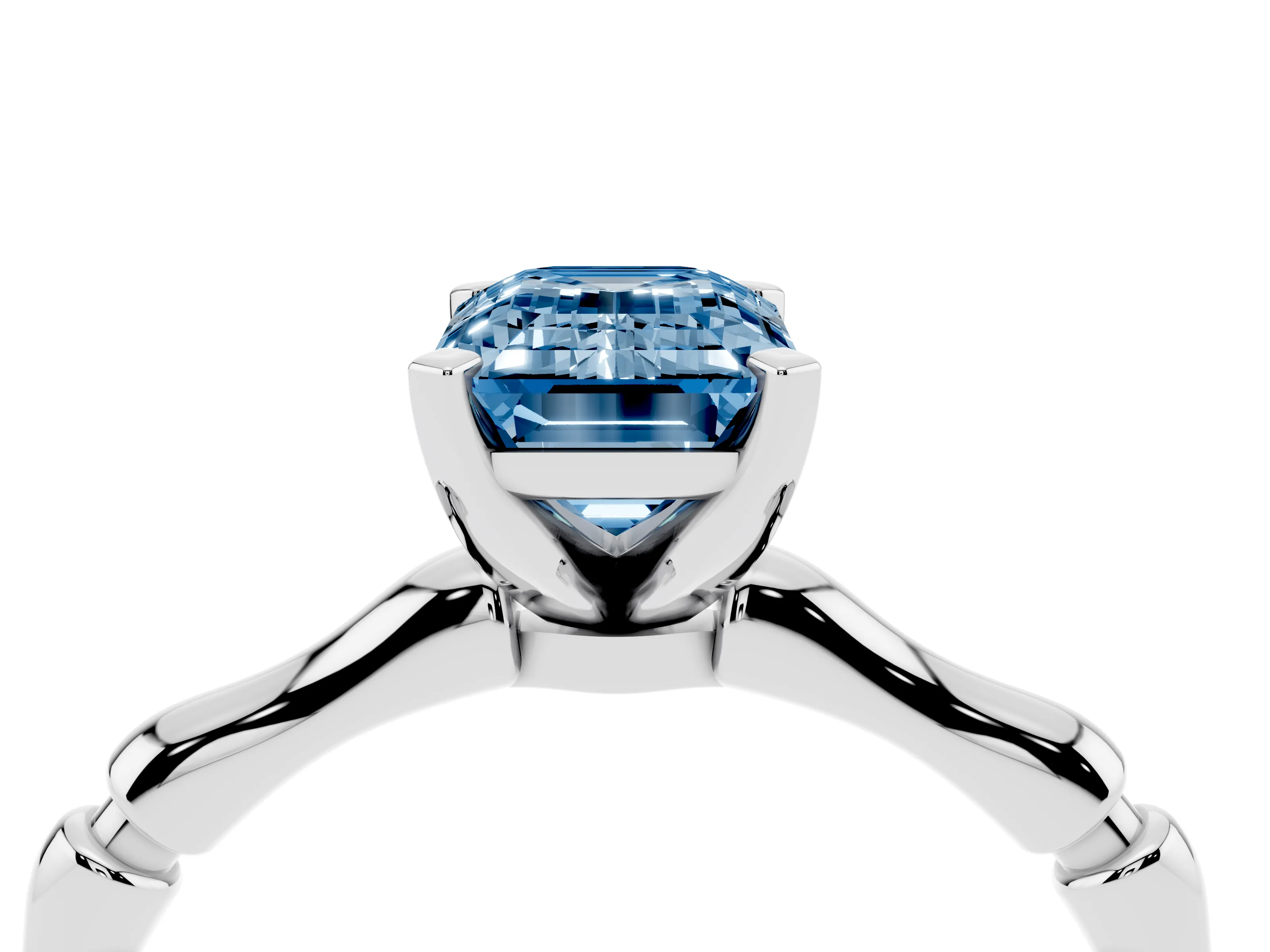 Fancy Blue Emerald Cut Diamond Solitaire Ring Set in Silver with Bamboo Band and Prong Setting