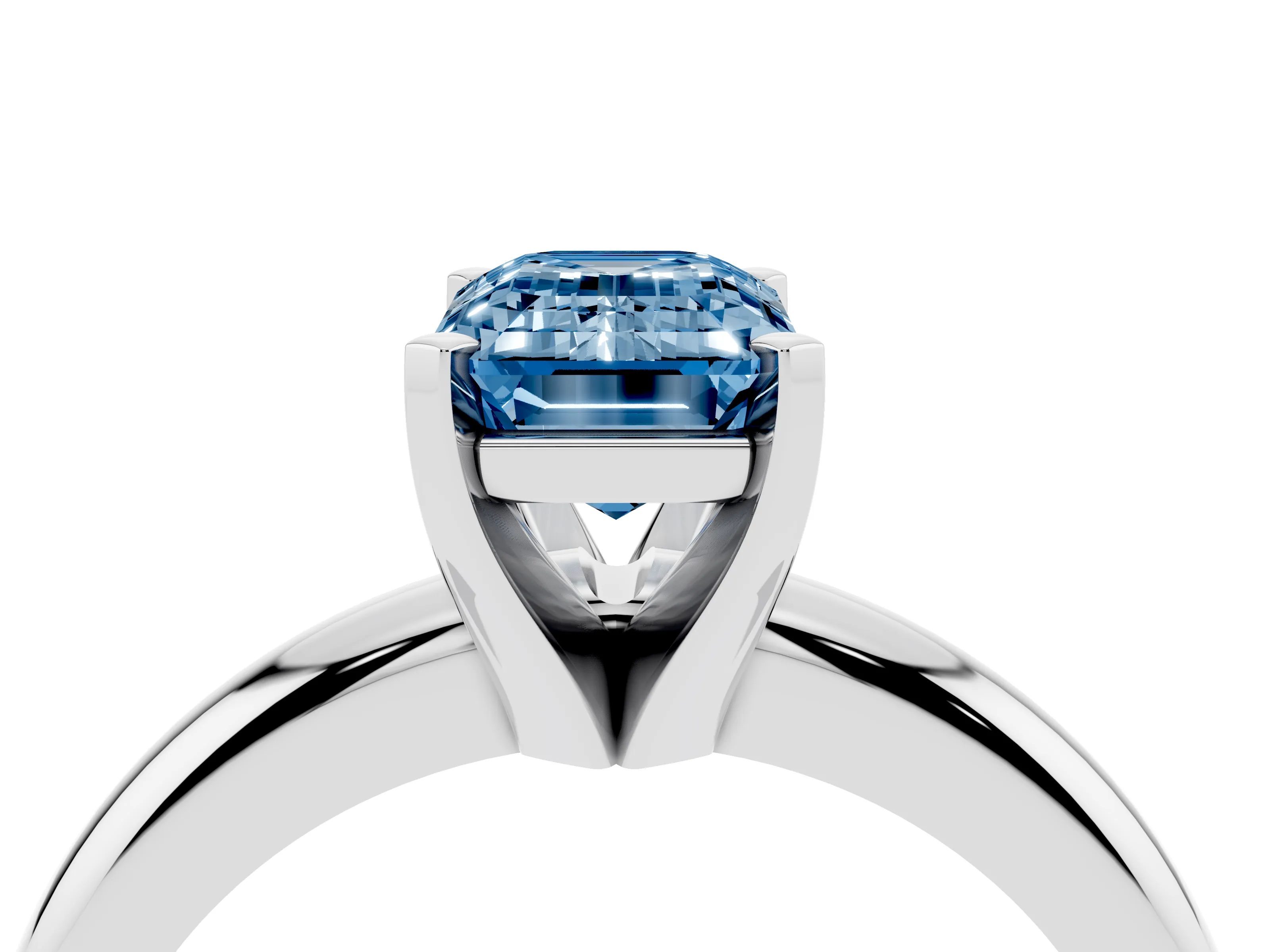 Fancy Blue Emerald Cut Diamond Solitaire Engagement Ring Set in Platinum with Round Band and Prong Setting