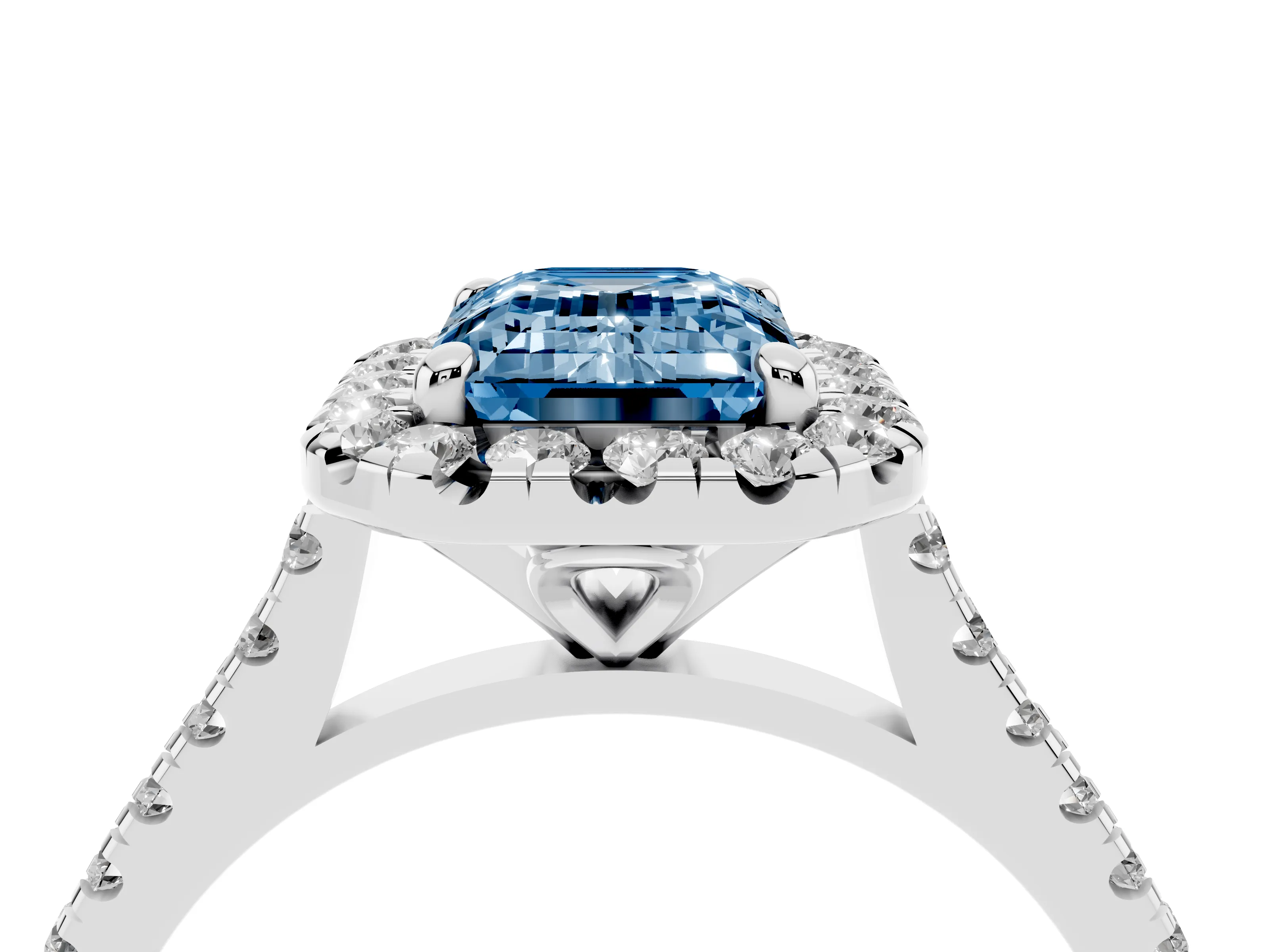 Fancy Blue Emerald Cut Diamond Cushion Halo Ring Set in Platinum with Pavé Band