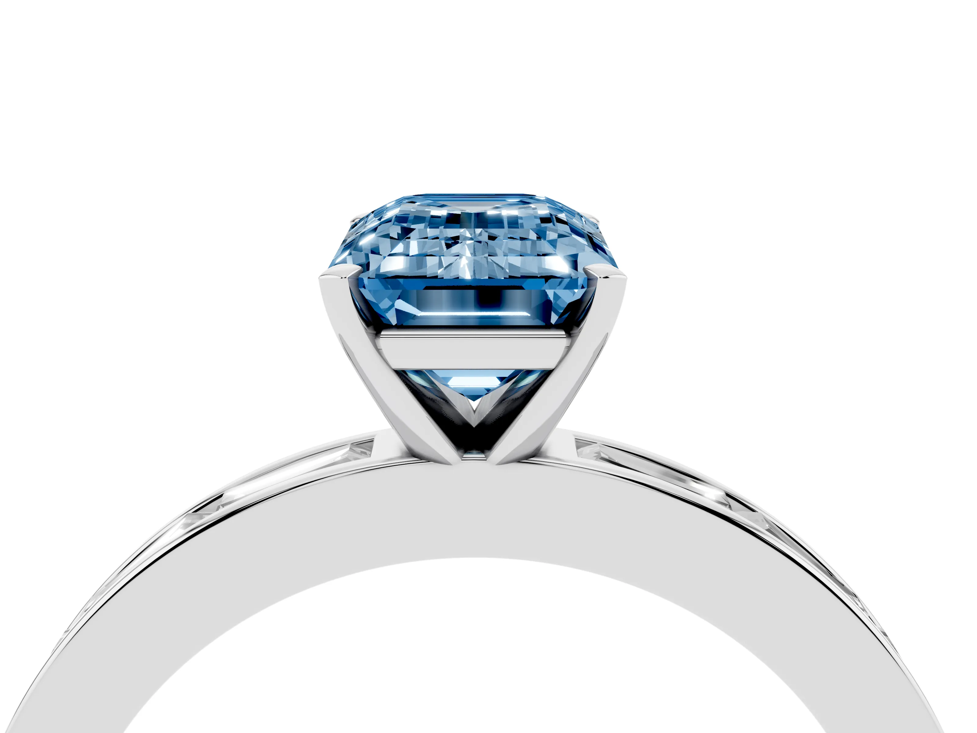 Fancy Blue Emerald Cut Diamond Solitaire Ring Set in White gold with Channel-Set Baguette Band and Prong Setting