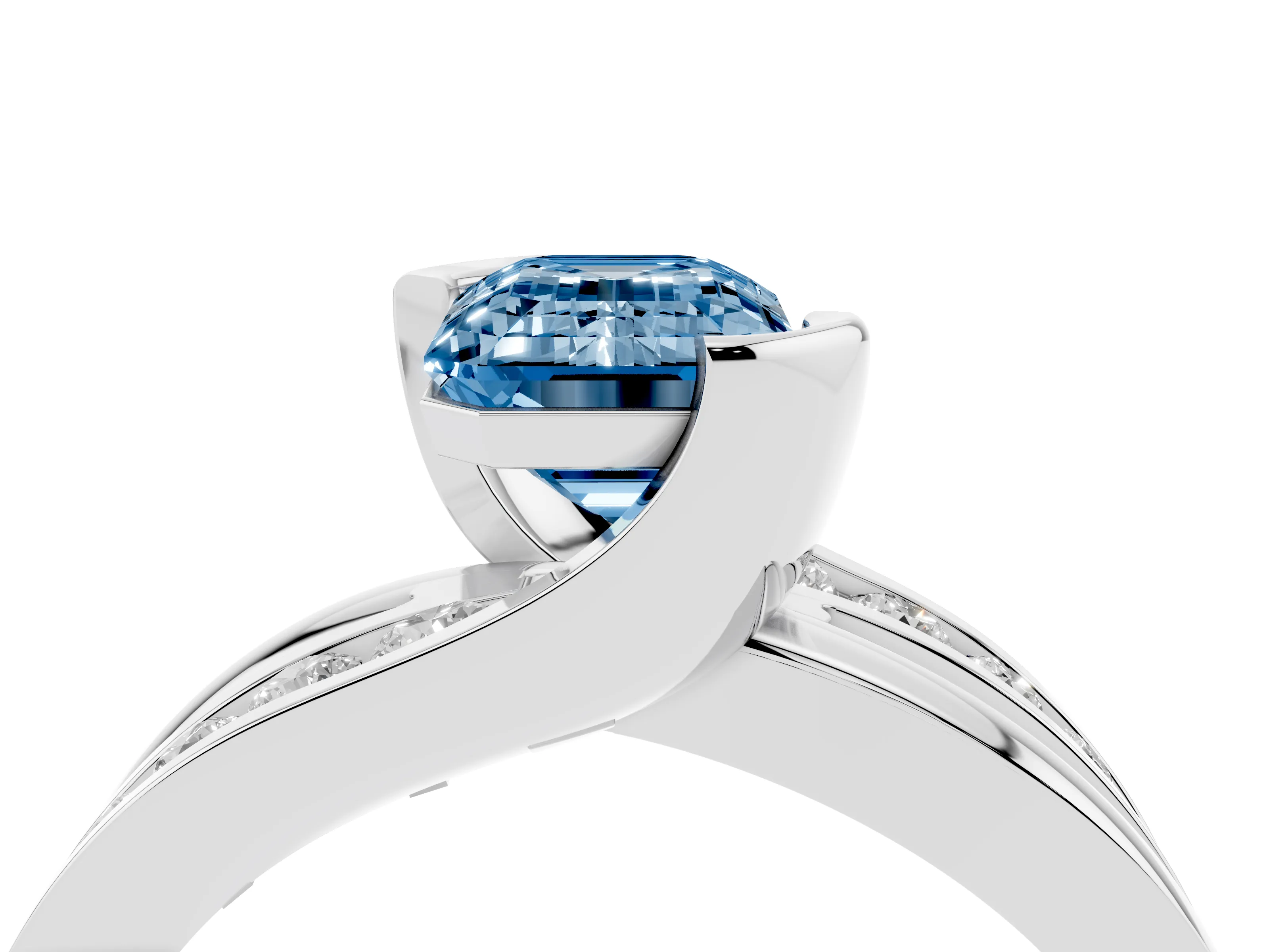 Fancy Blue Emerald Cut Diamond Solitaire Ring Set in White gold with Channel Set Split Shank and Tension Prongs