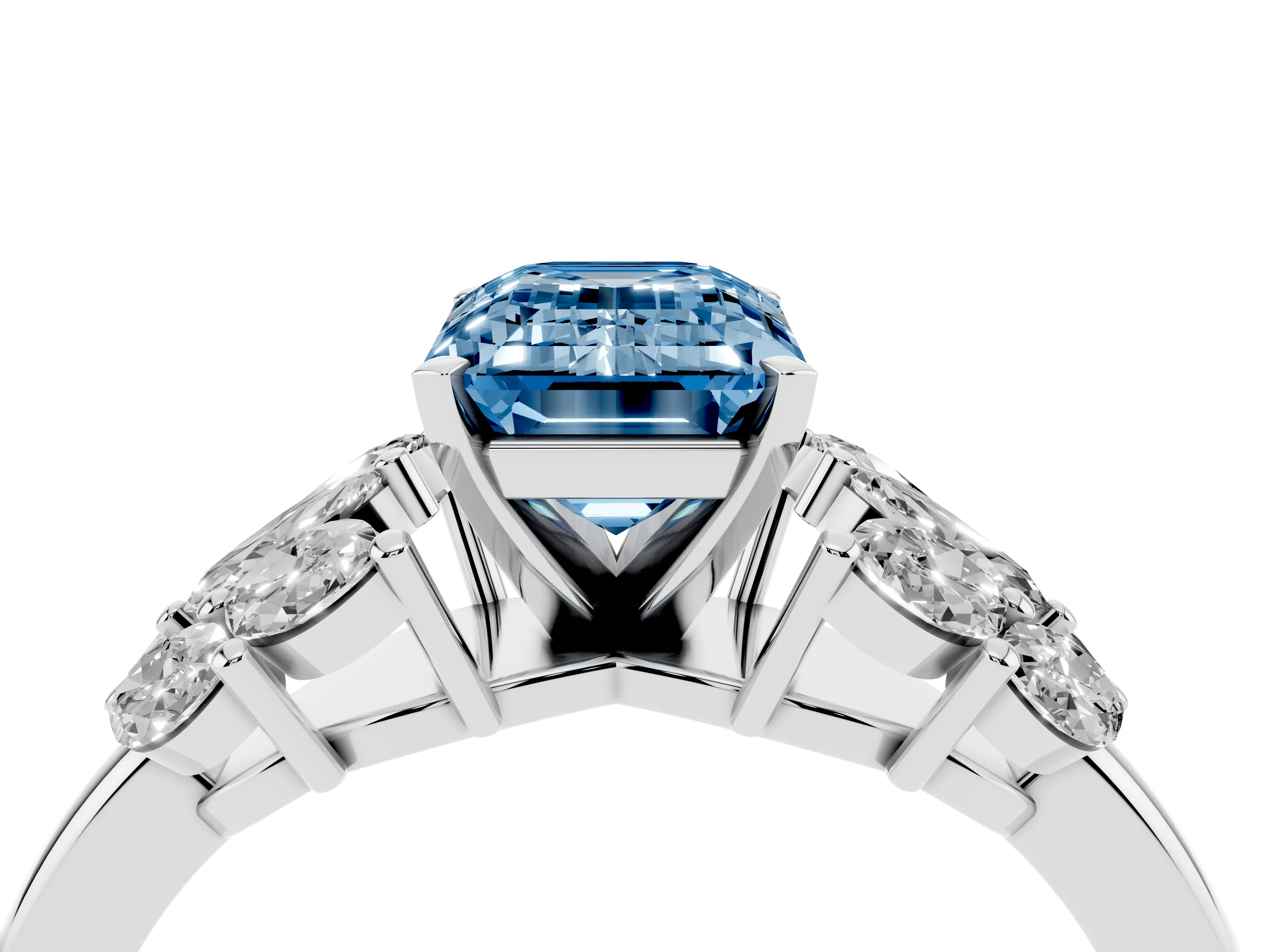 Fancy Blue Emerald Cut Diamond Cluster Leaf Design Ring Set in Platinum with Prong Setting